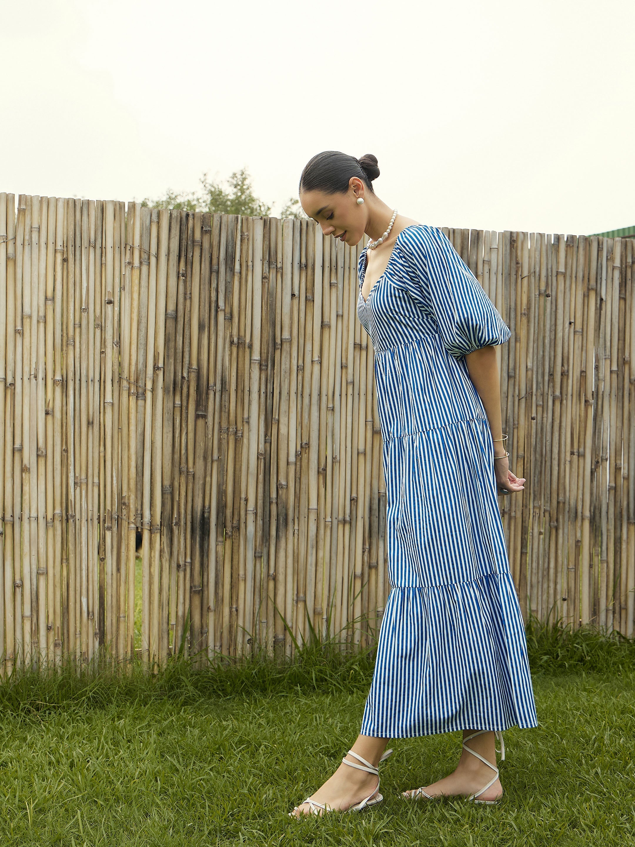 Women Blue & White Stripe V-Neck Tiered Dress