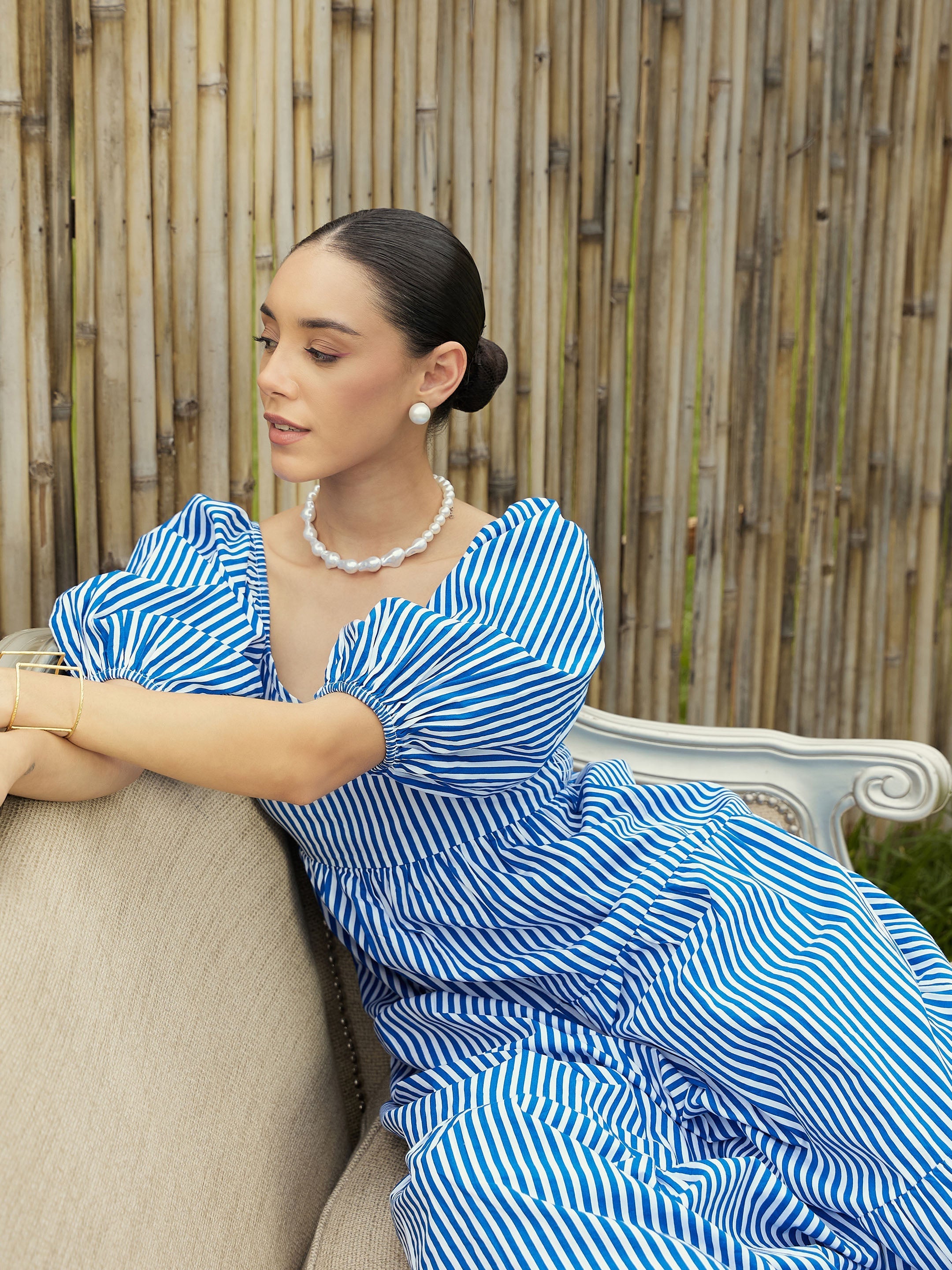 Women Blue & White Stripe V-Neck Tiered Dress