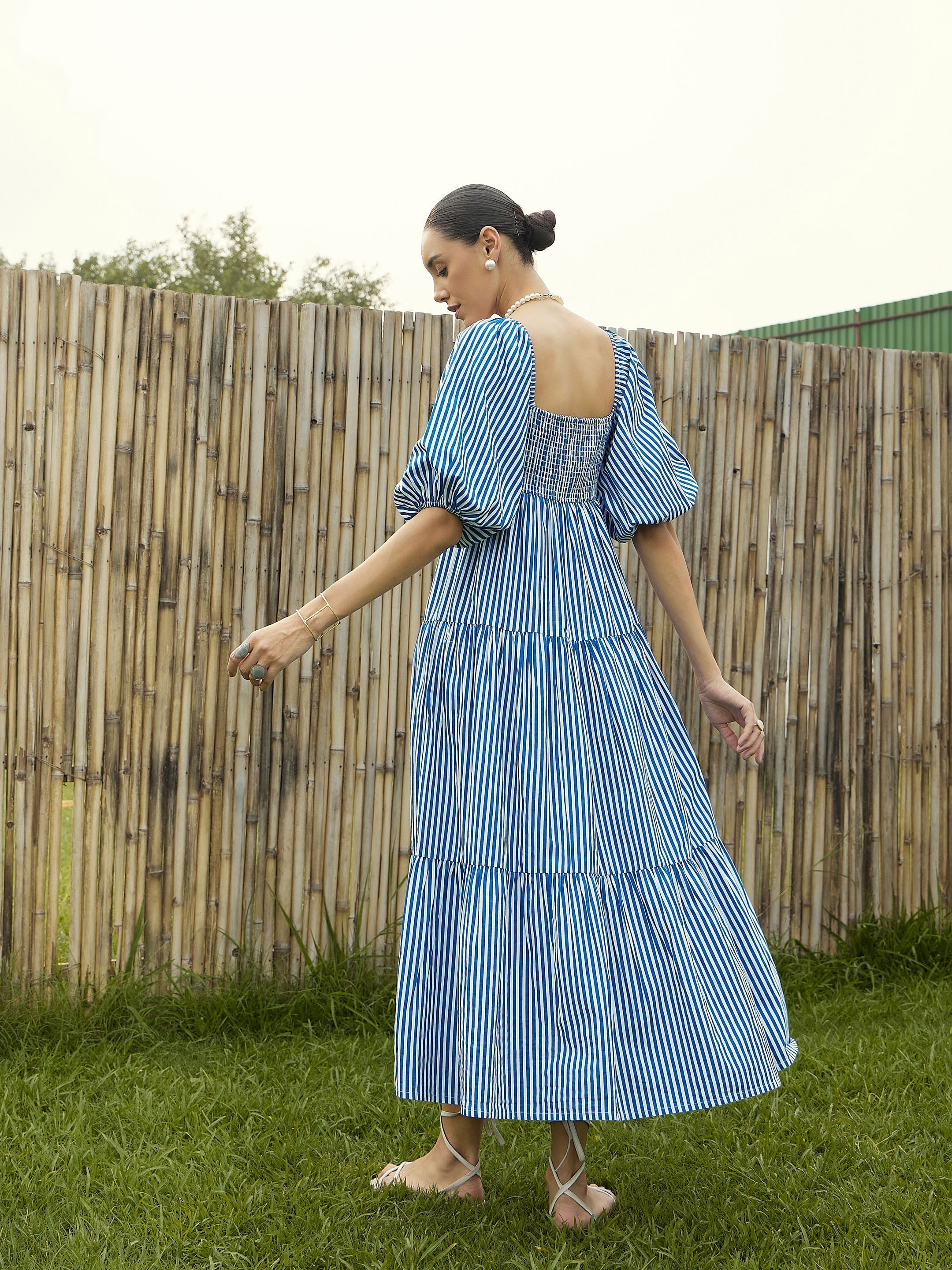 Women Blue & White Stripe V-Neck Tiered Dress