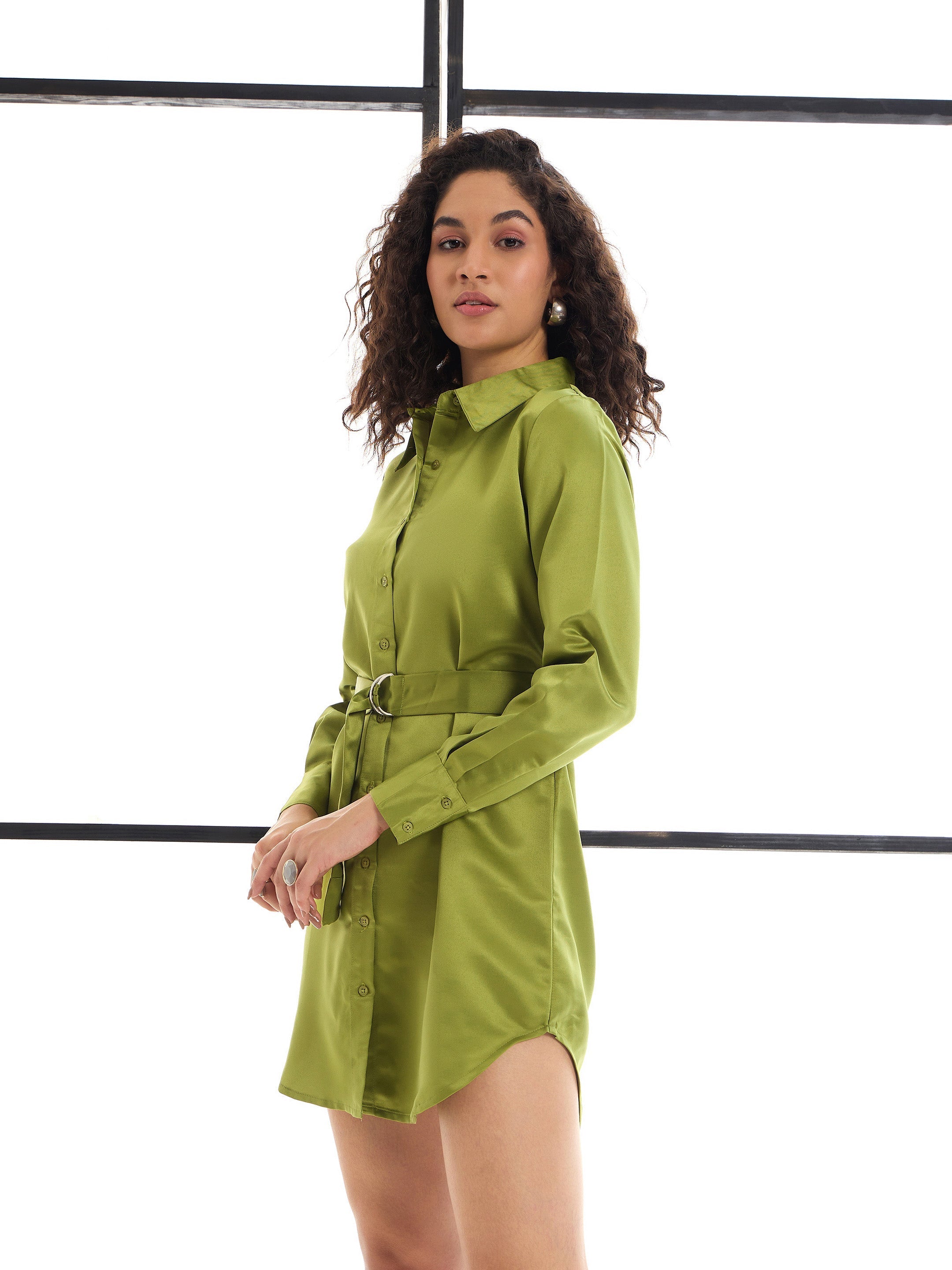 Women Olive Belted Satin Shirt Dress