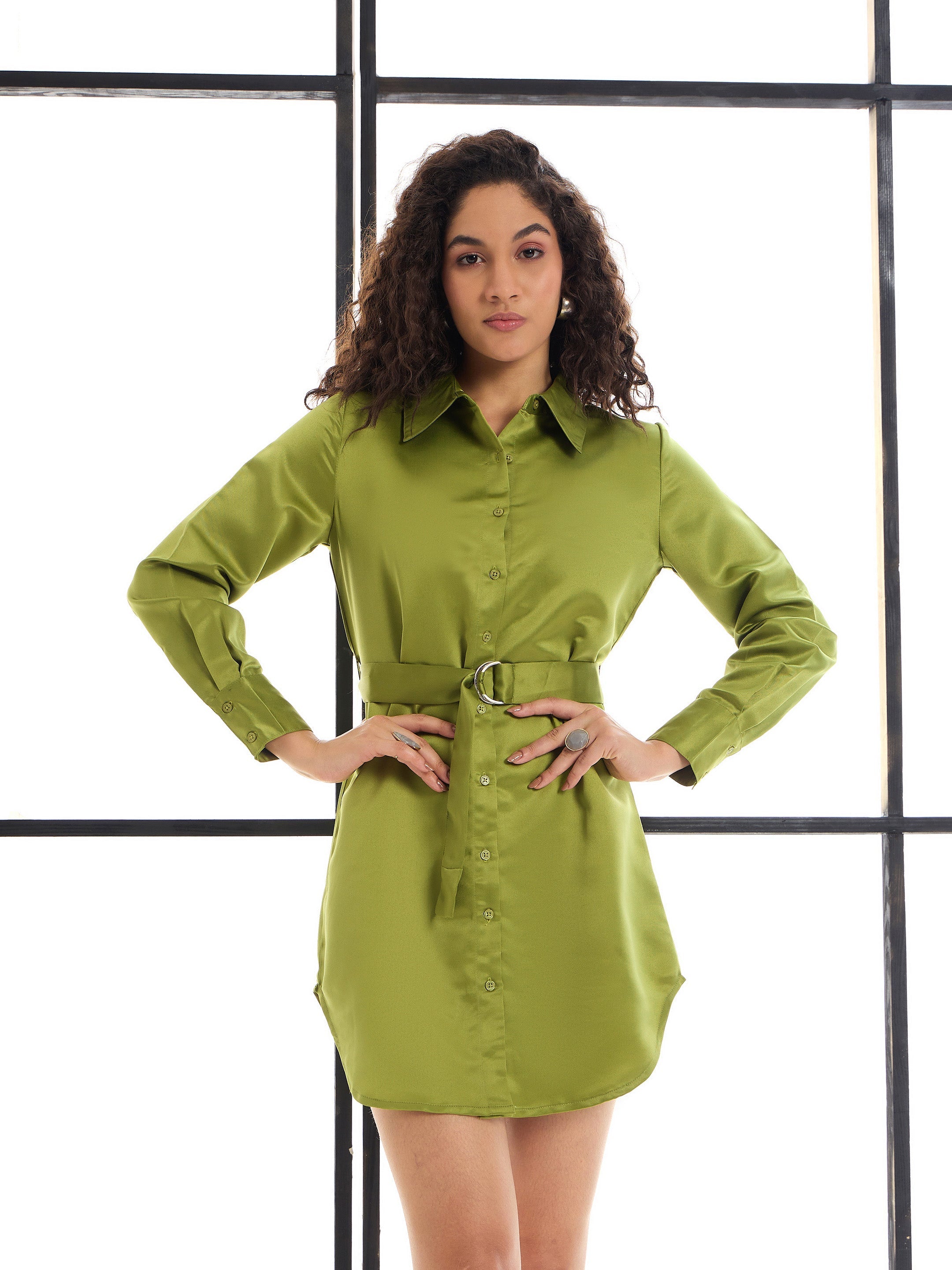 Women Olive Belted Satin Shirt Dress