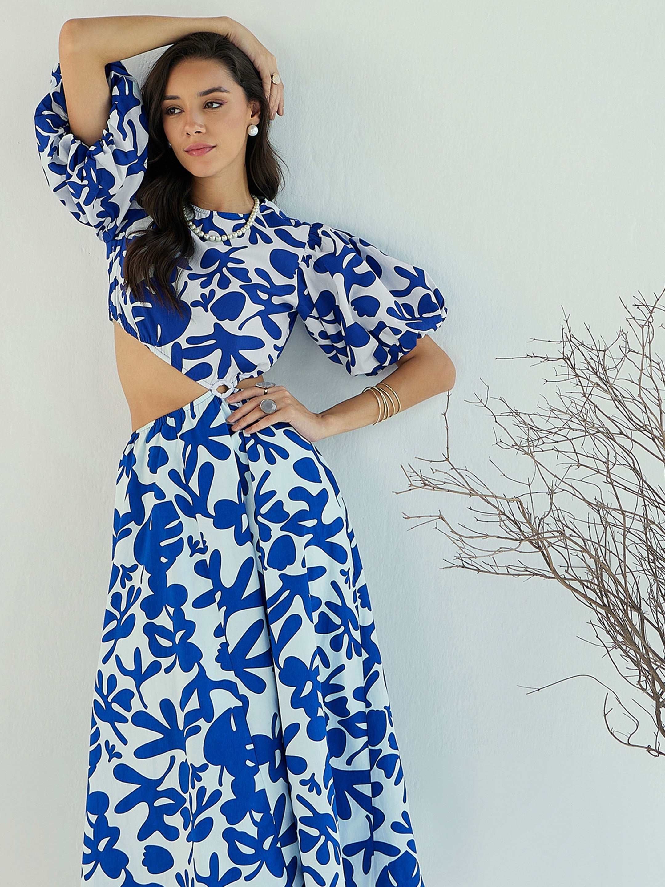 Women Blue & White Floral Side Cut Out Midi Dress