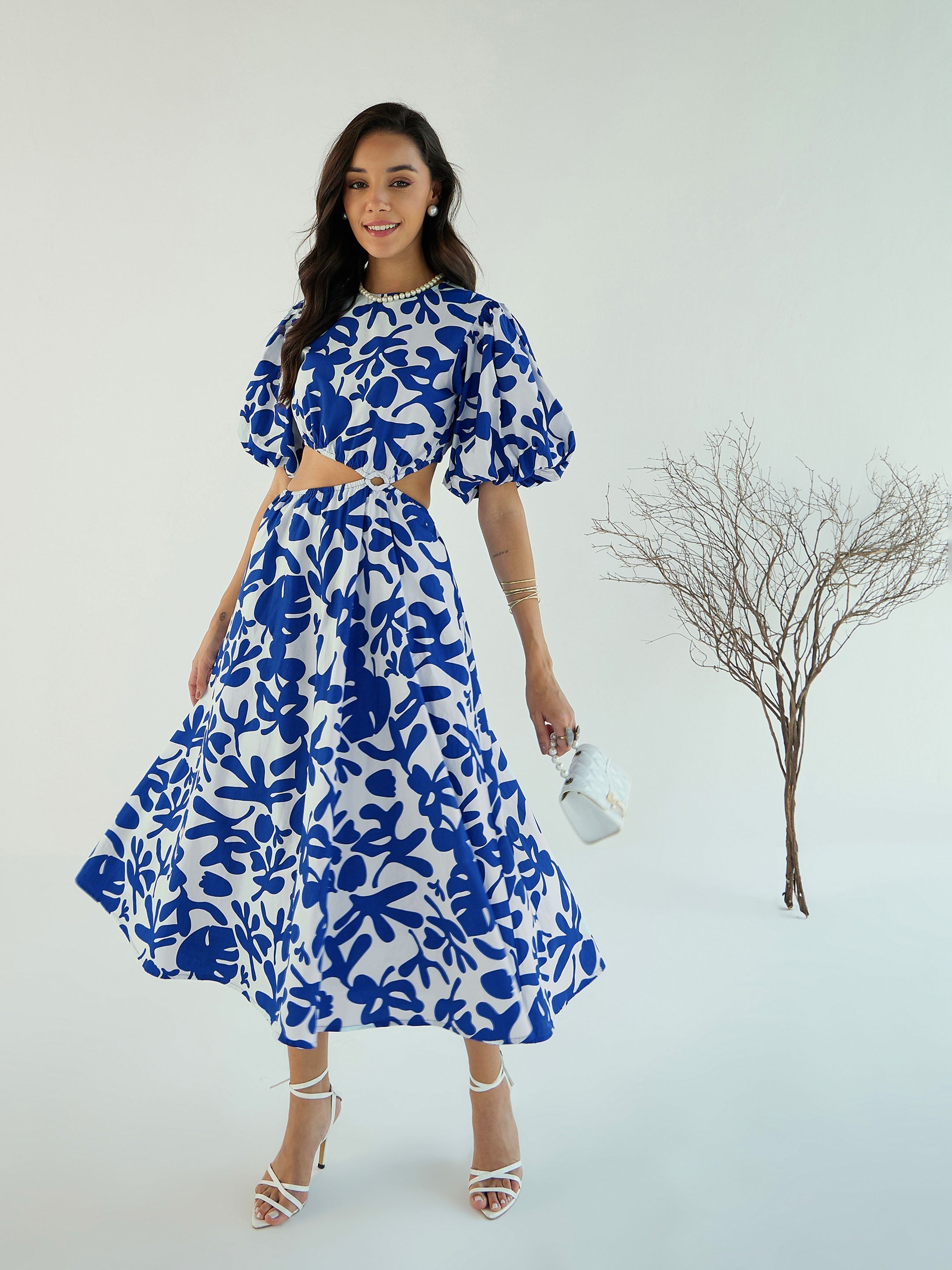 Women Blue & White Floral Side Cut Out Midi Dress