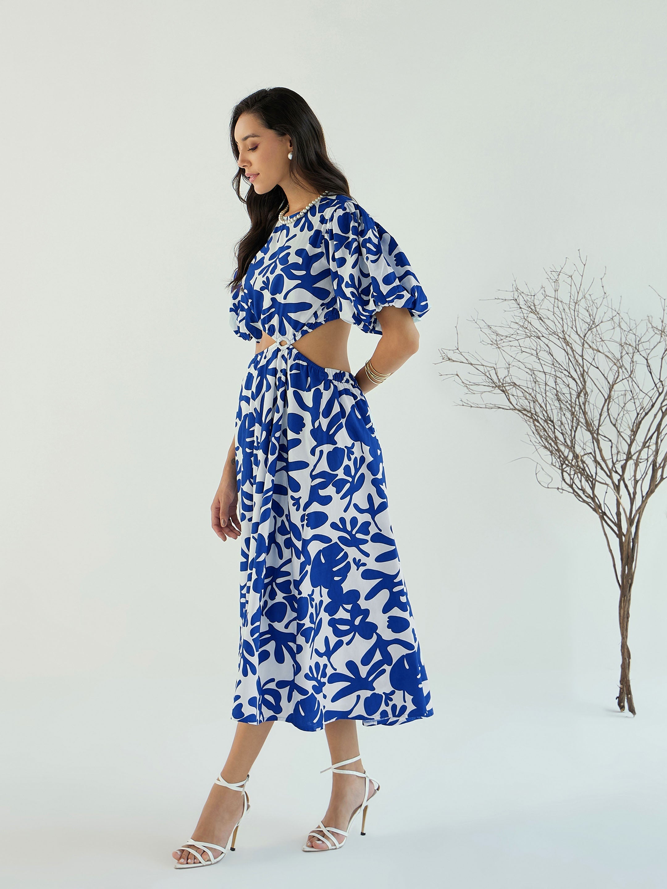 Women Blue & White Floral Side Cut Out Midi Dress