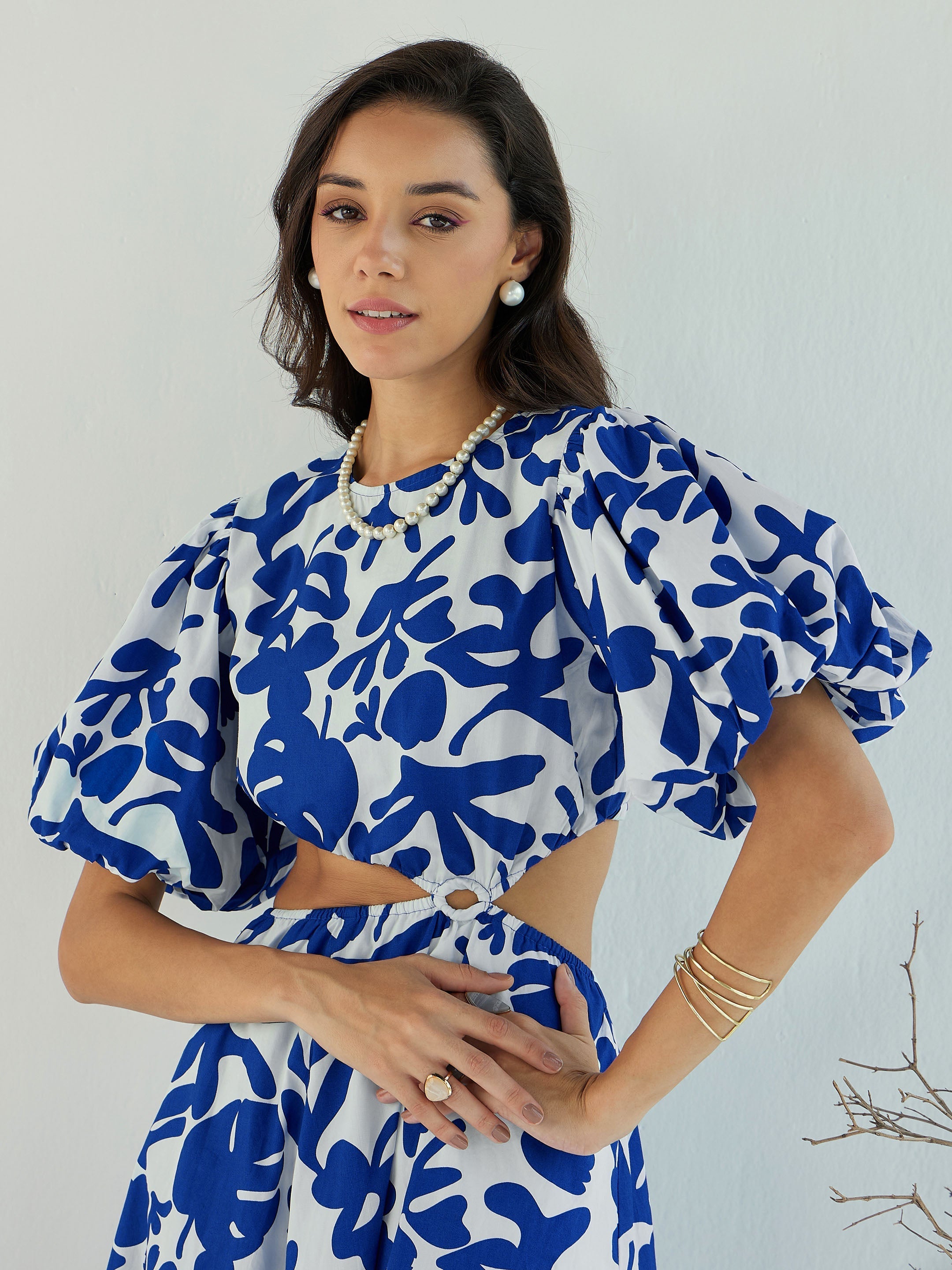 Women Blue & White Floral Side Cut Out Midi Dress