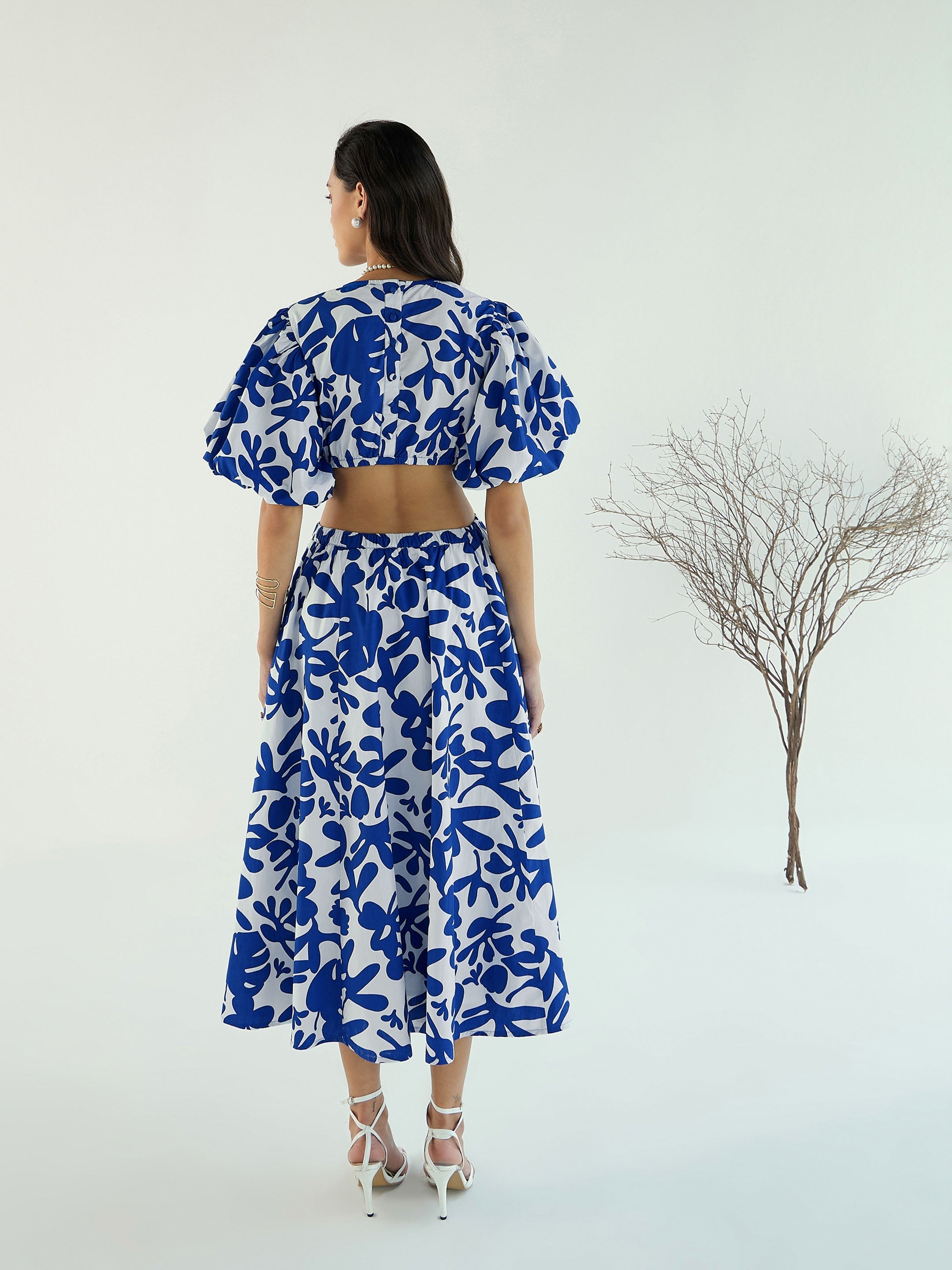 Women Blue & White Floral Side Cut Out Midi Dress