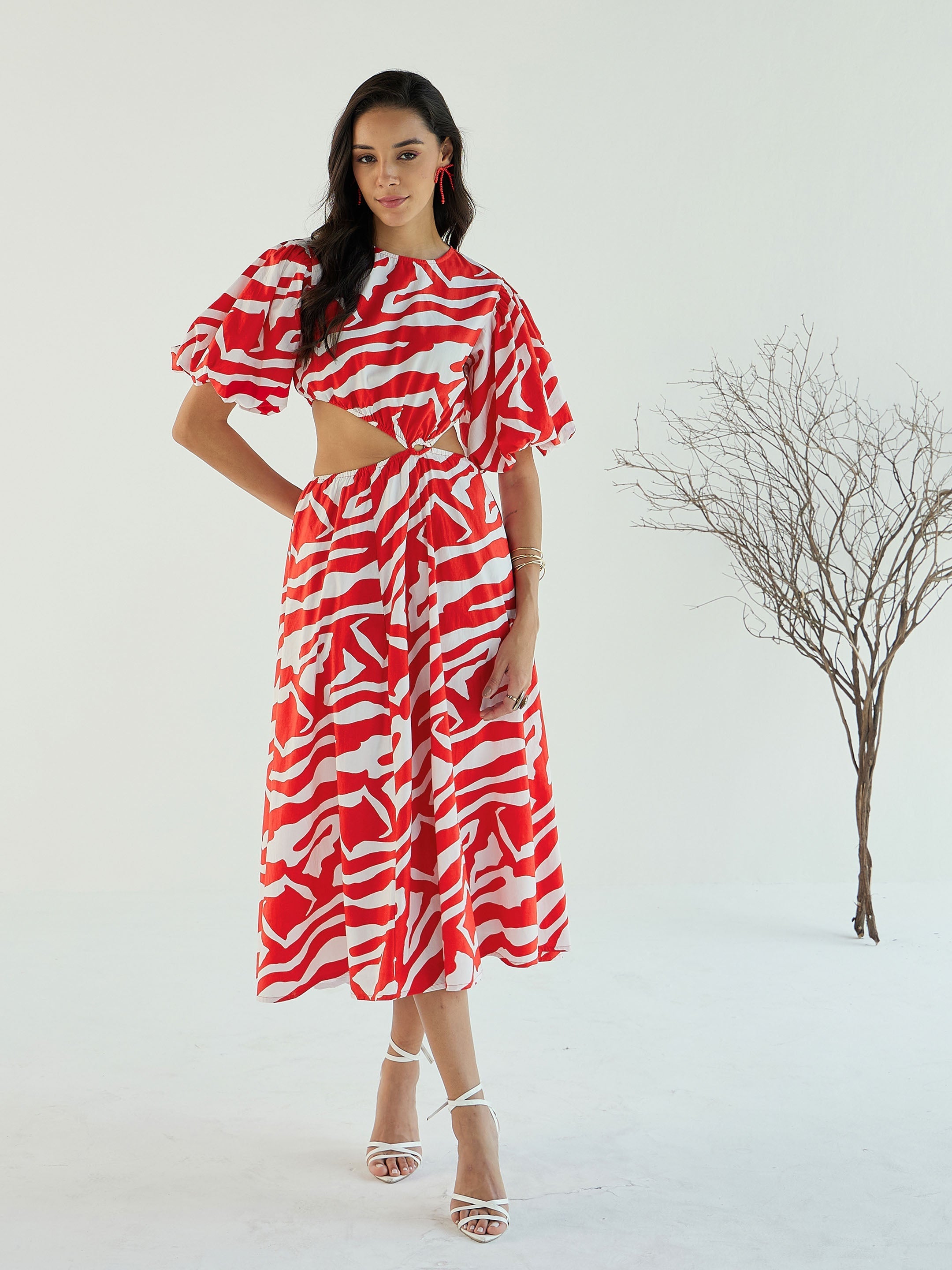 Women Red & White Printed Side Cut Out Midi Dress