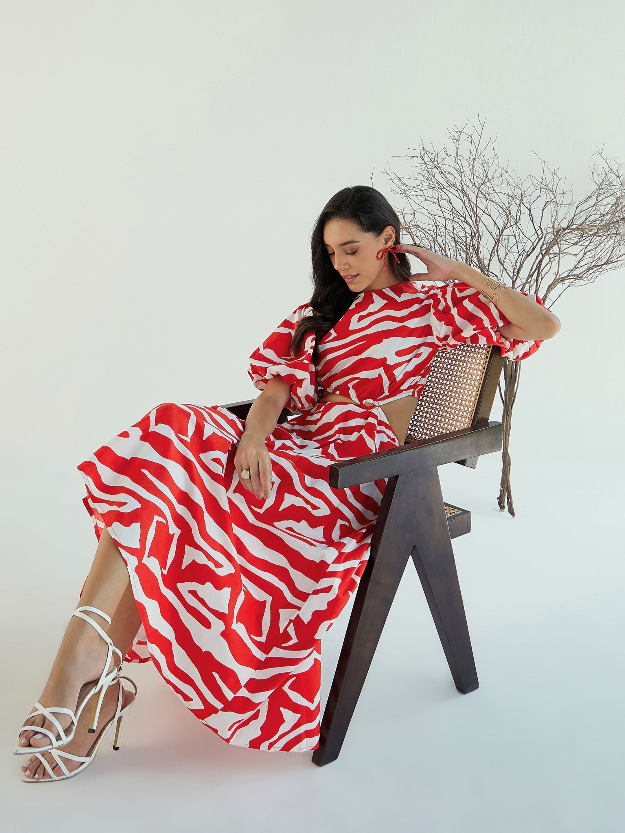 Women Red & White Printed Side Cut Out Midi Dress