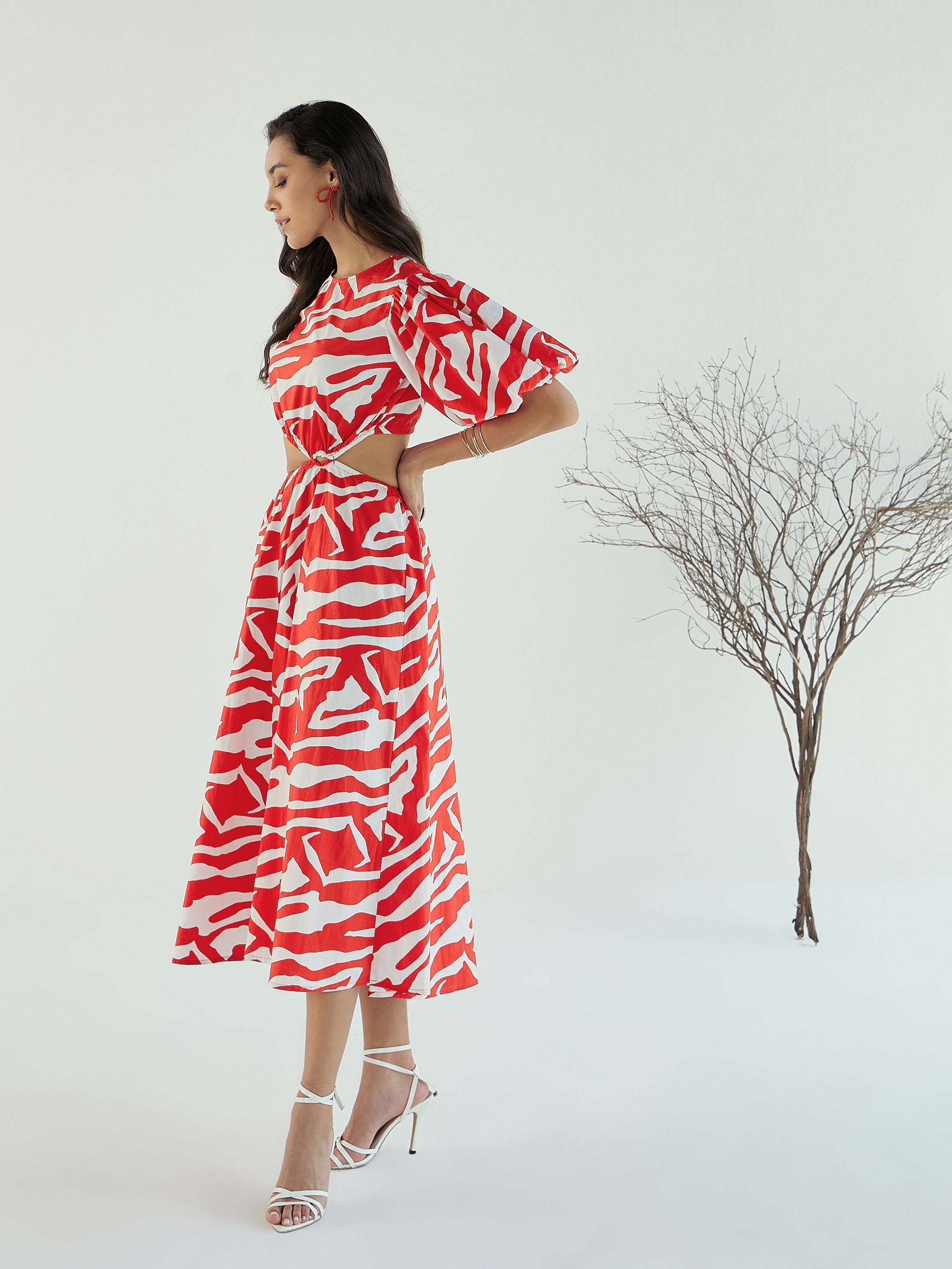 Women Red & White Printed Side Cut Out Midi Dress