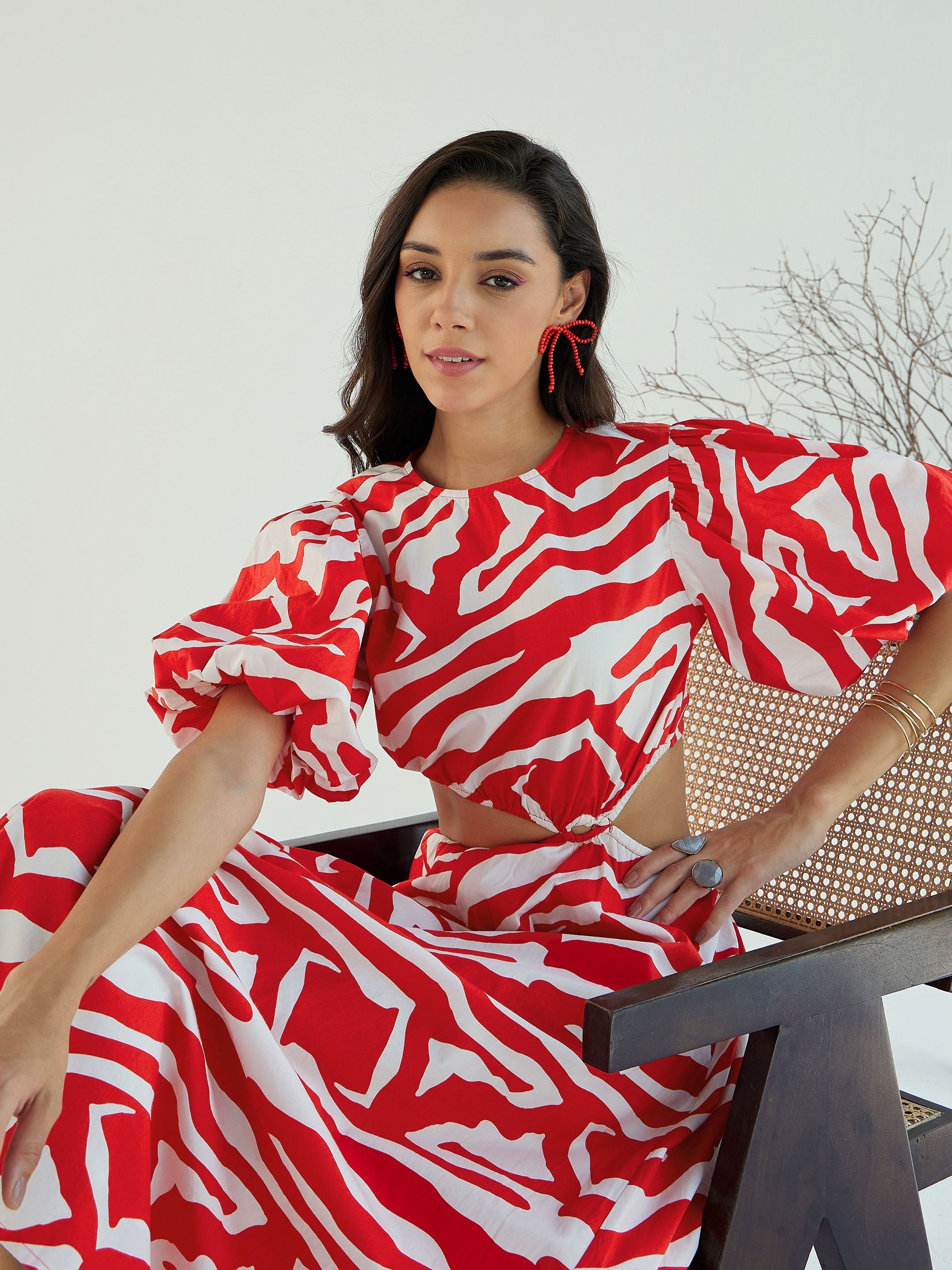 Women Red & White Printed Side Cut Out Midi Dress