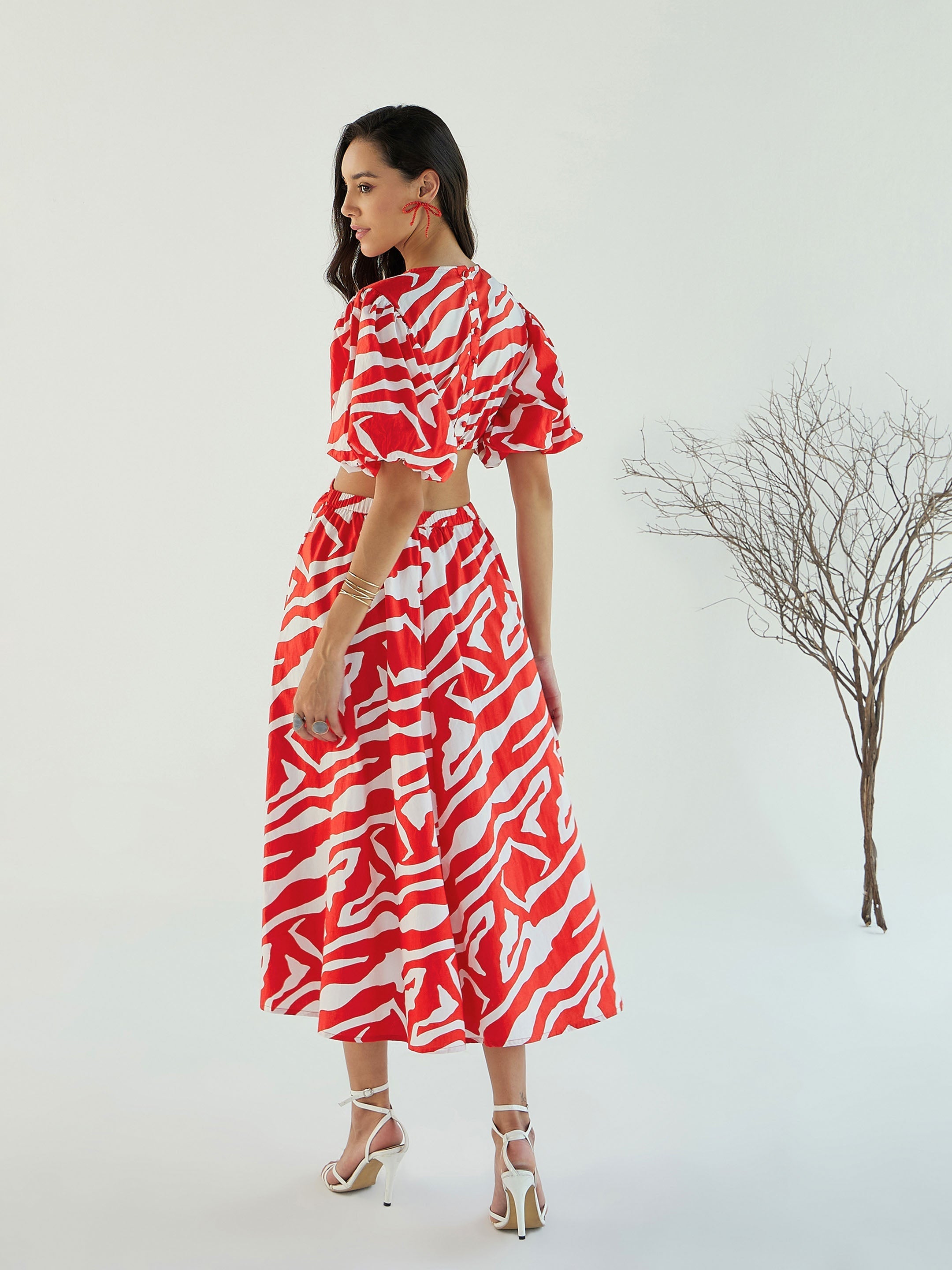 Women Red & White Printed Side Cut Out Midi Dress