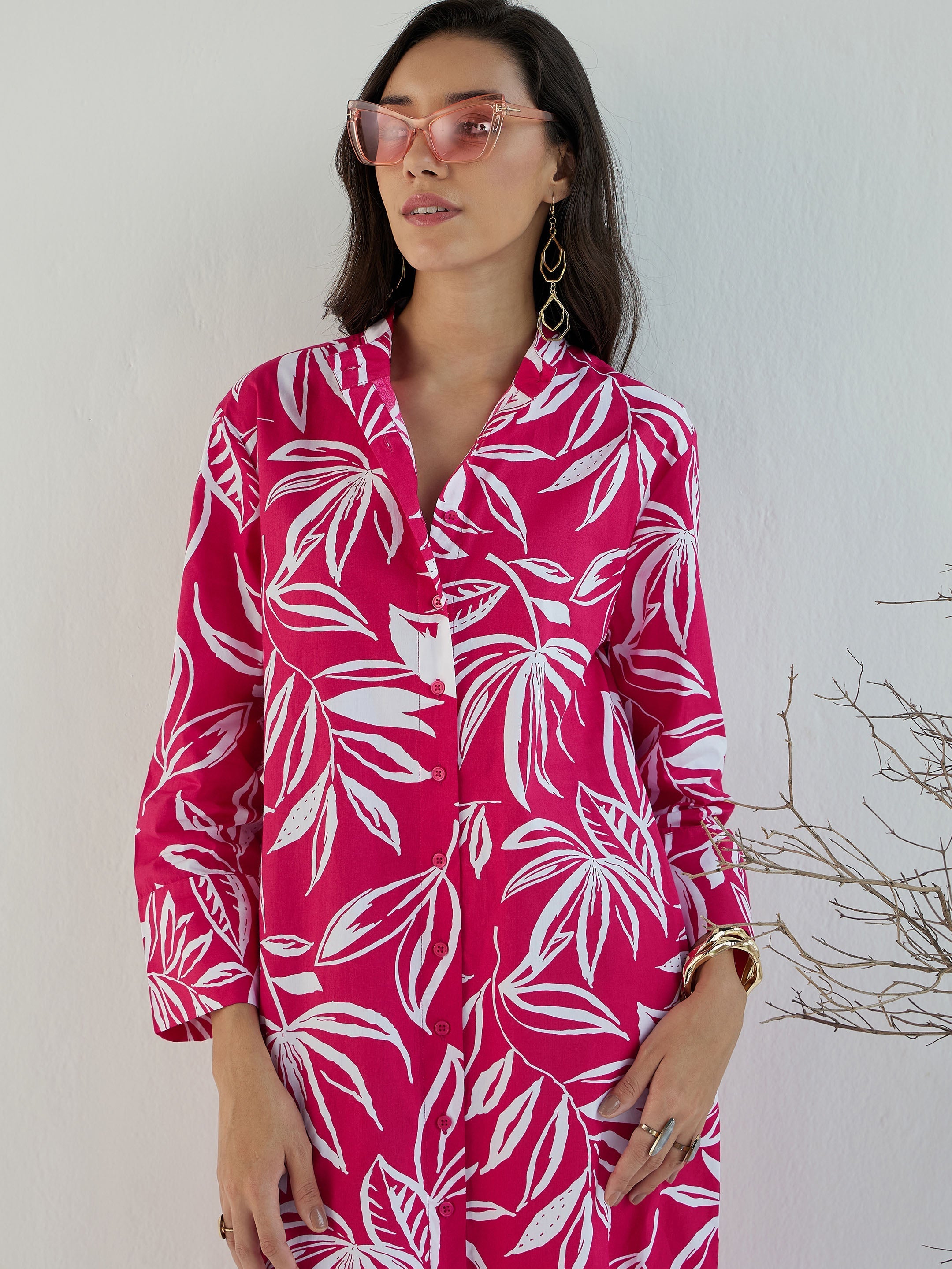 Women Fuchsia & White Floral Shirt Dress