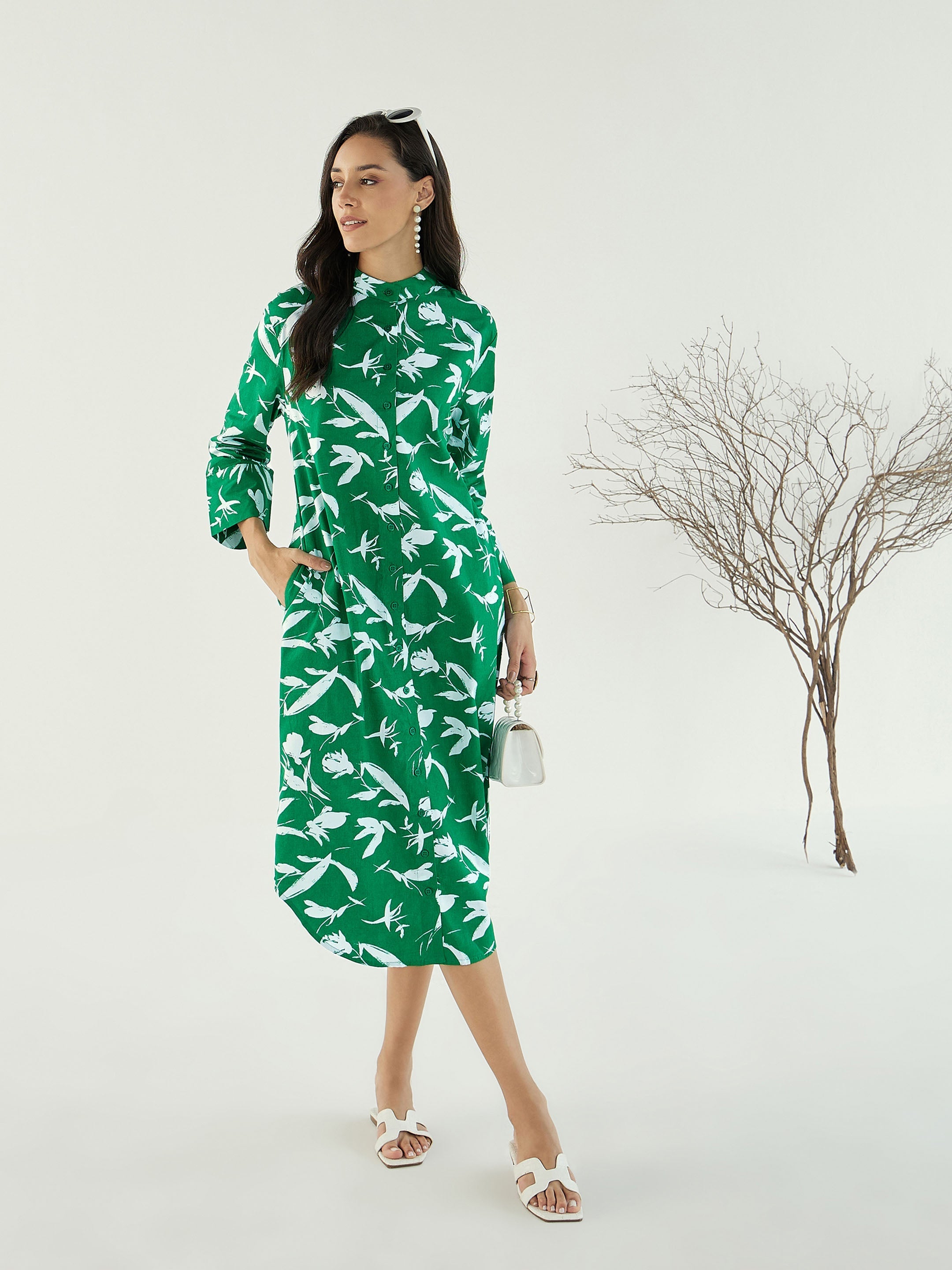 Women Green & White Floral Shirt Dress