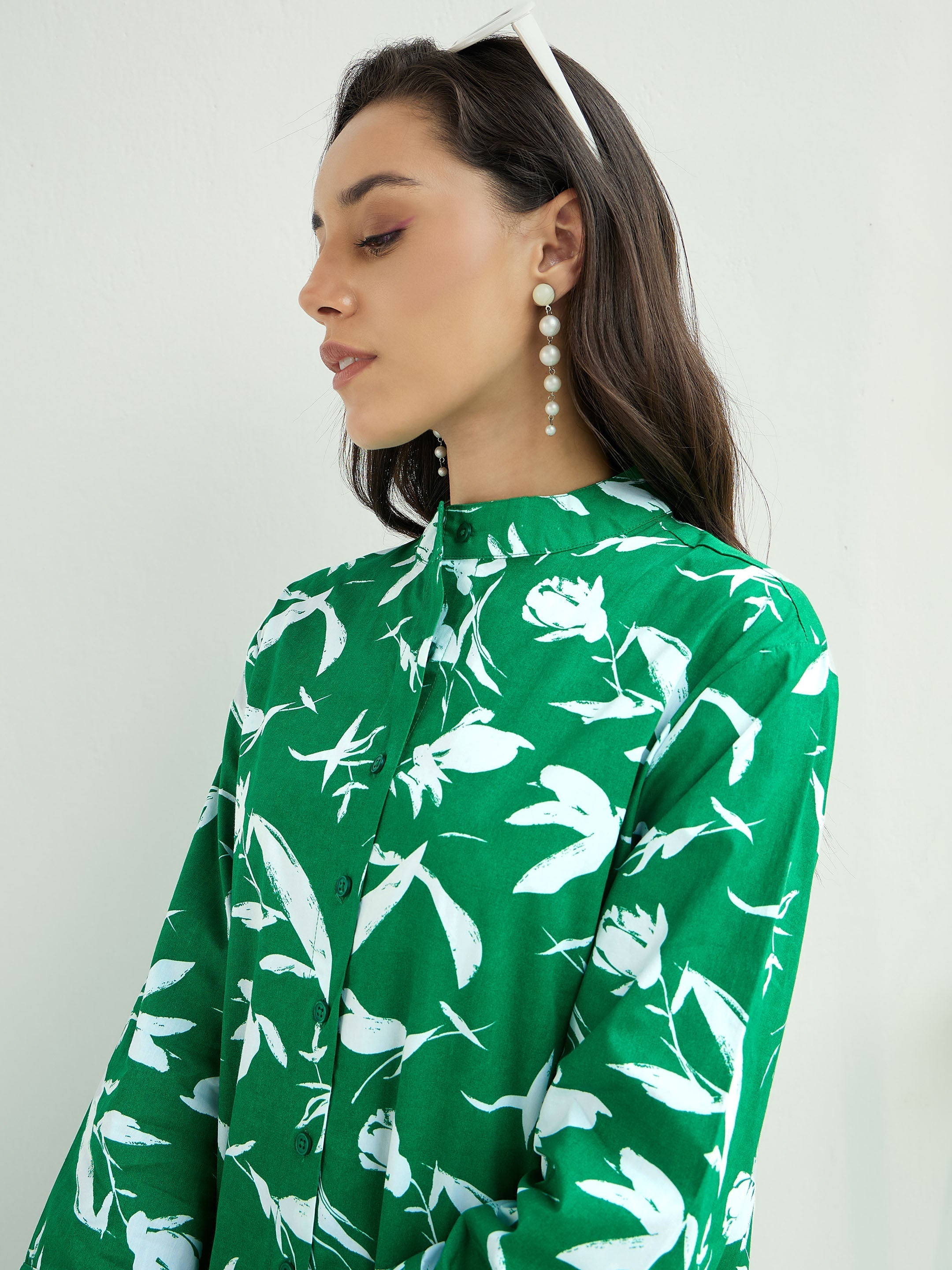 Women Green & White Floral Shirt Dress