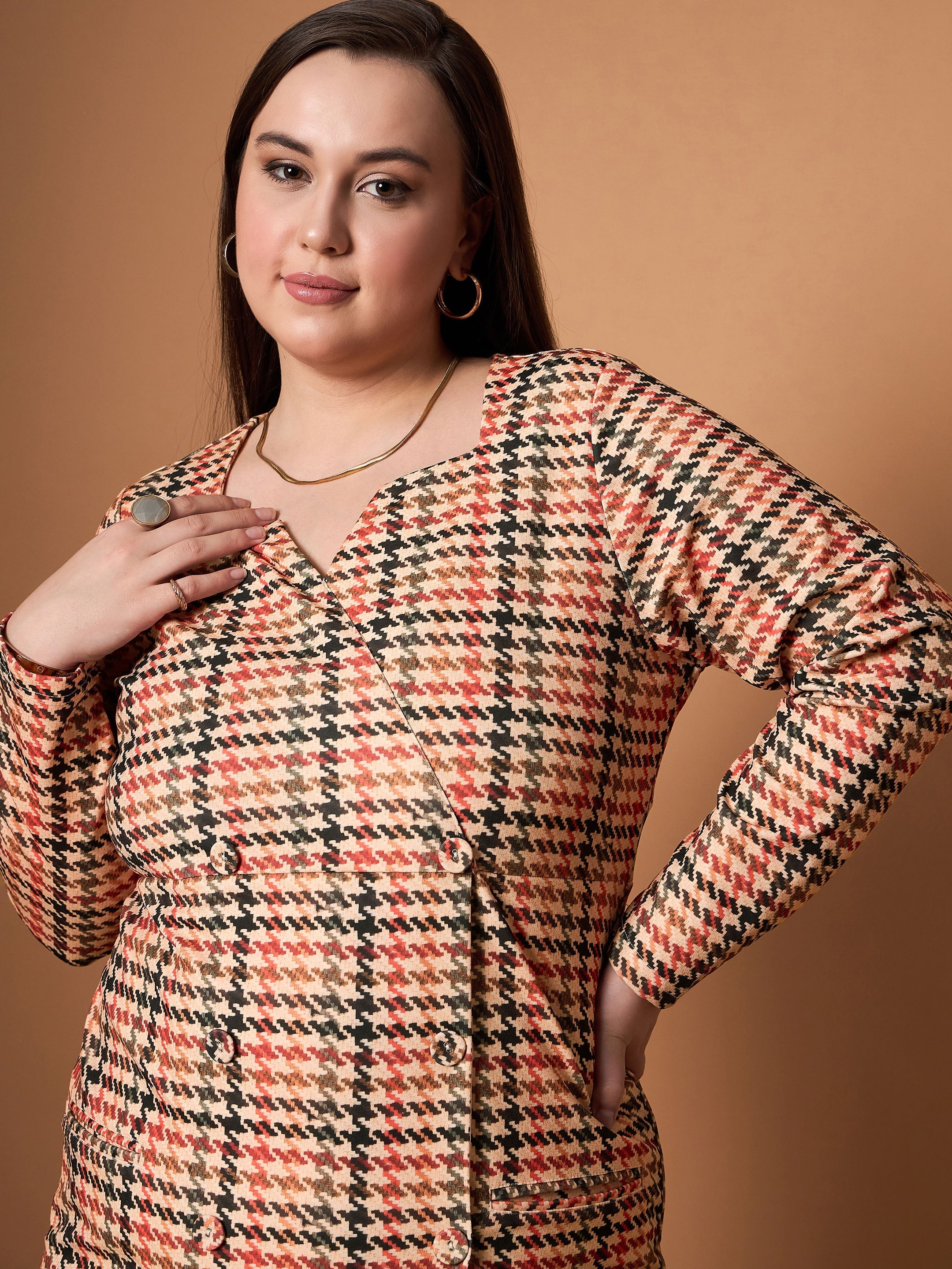 Women Peach Multi Houndstooth Blazer Dress