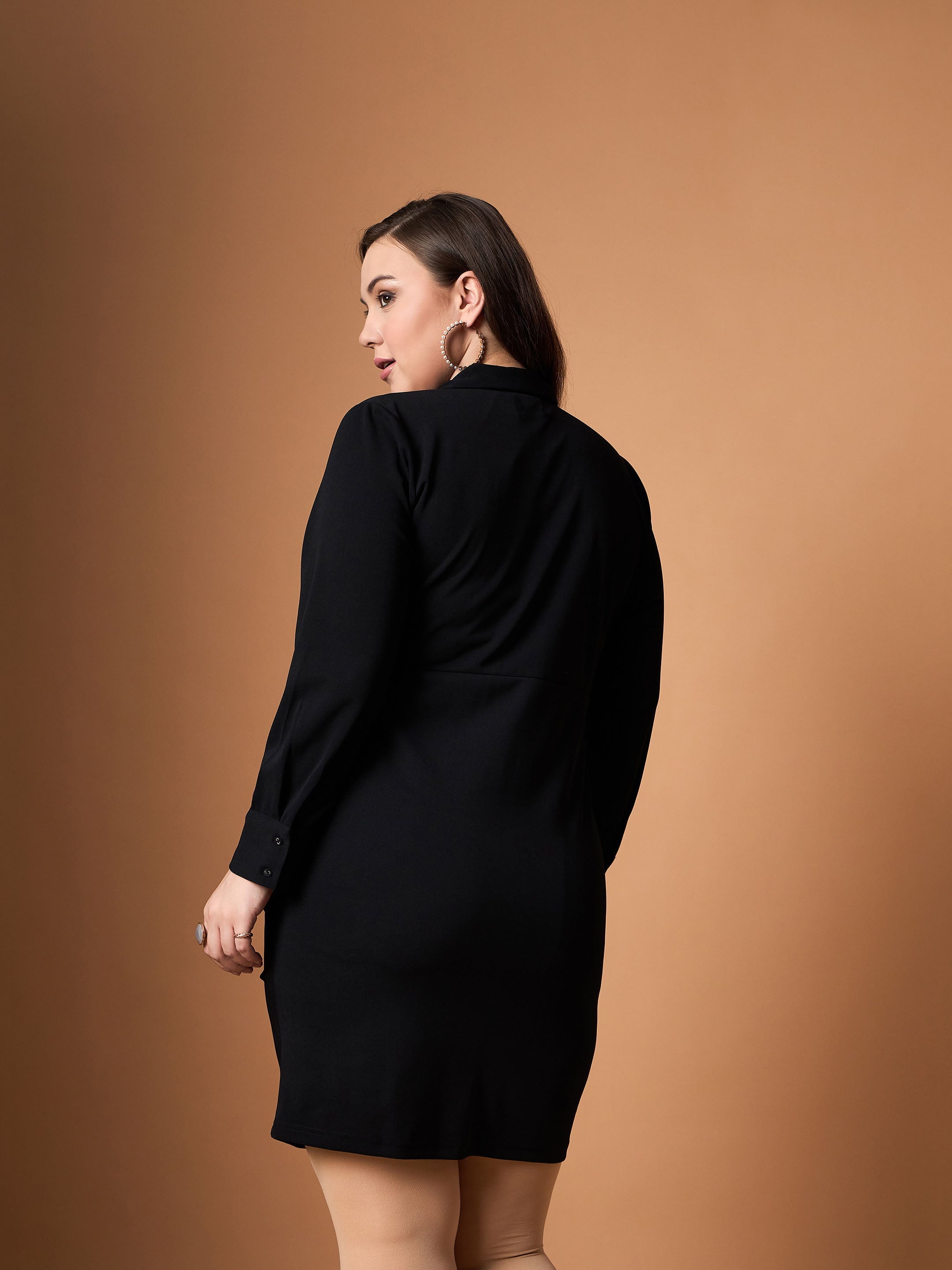 Women Black Front Button Ruched Dress