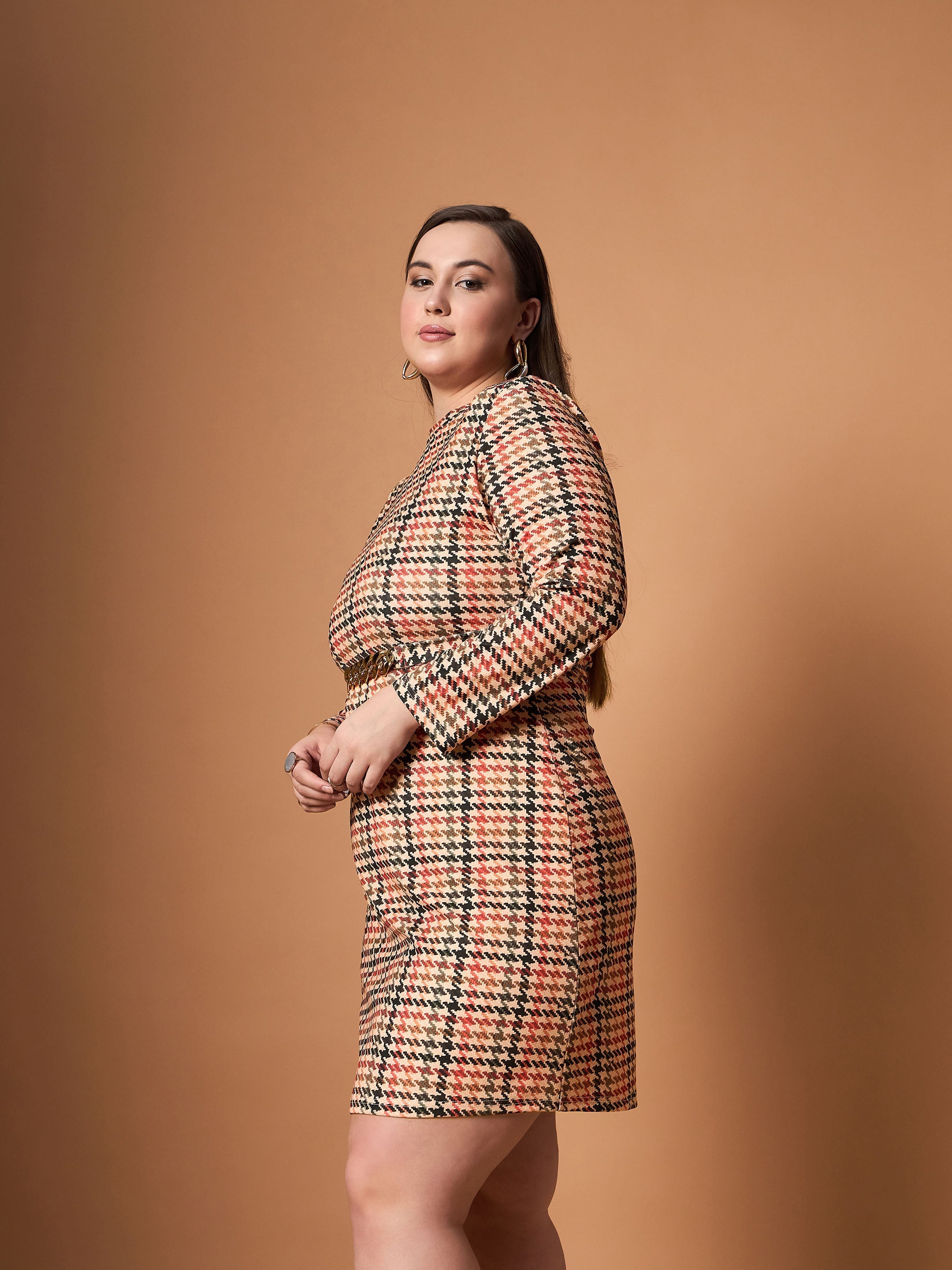 Women Peach Multi Houndstooth Belted Dress