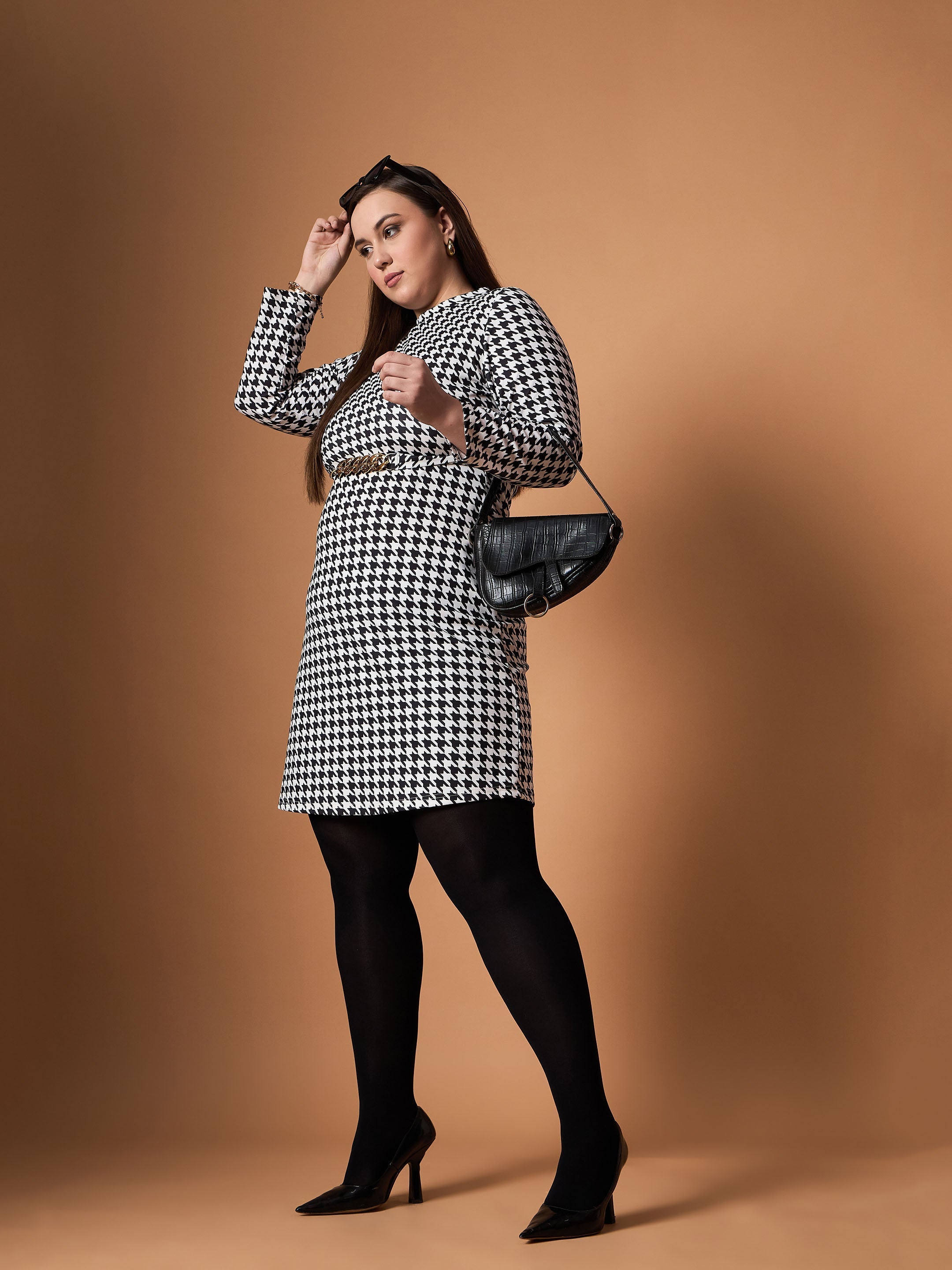 Women Black & White Houndstooth Belted Dress