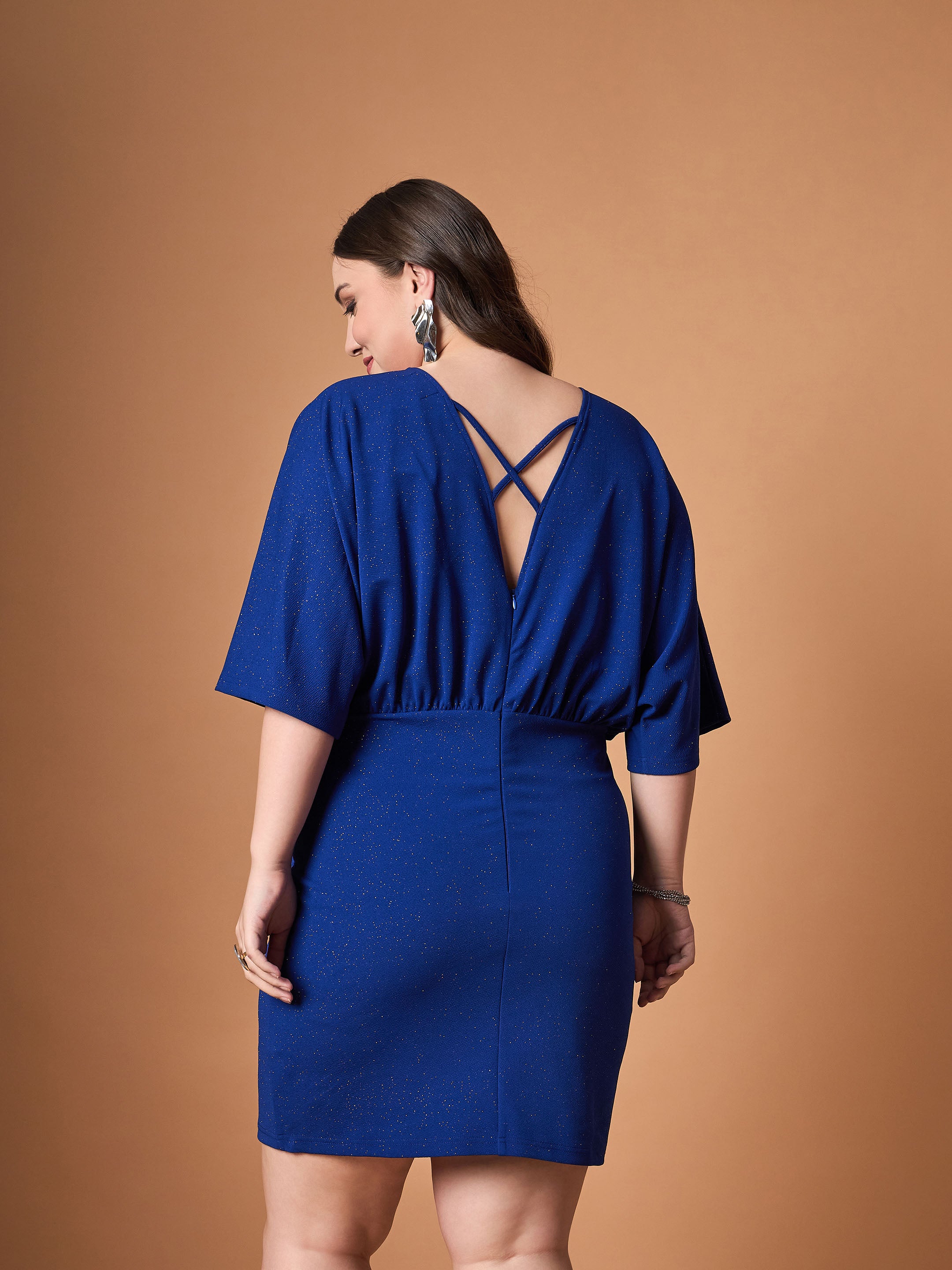 Women Royal Blue Glitter Bodycon Kimono Sleeves Dress