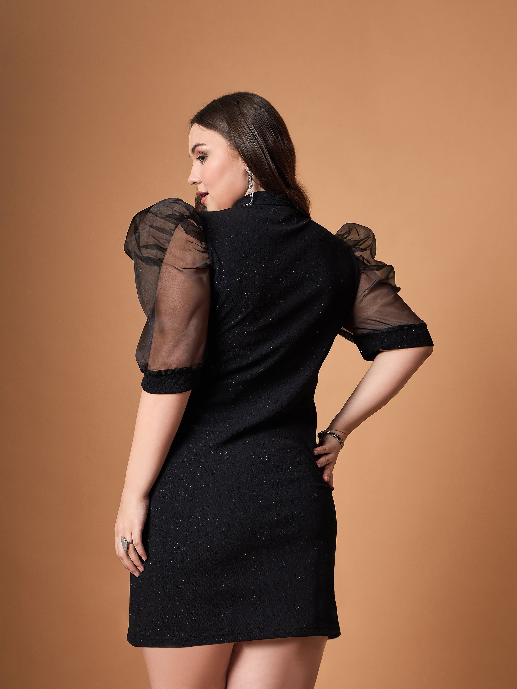 Women Black Glitter Organza Sleeves Blazer Dress