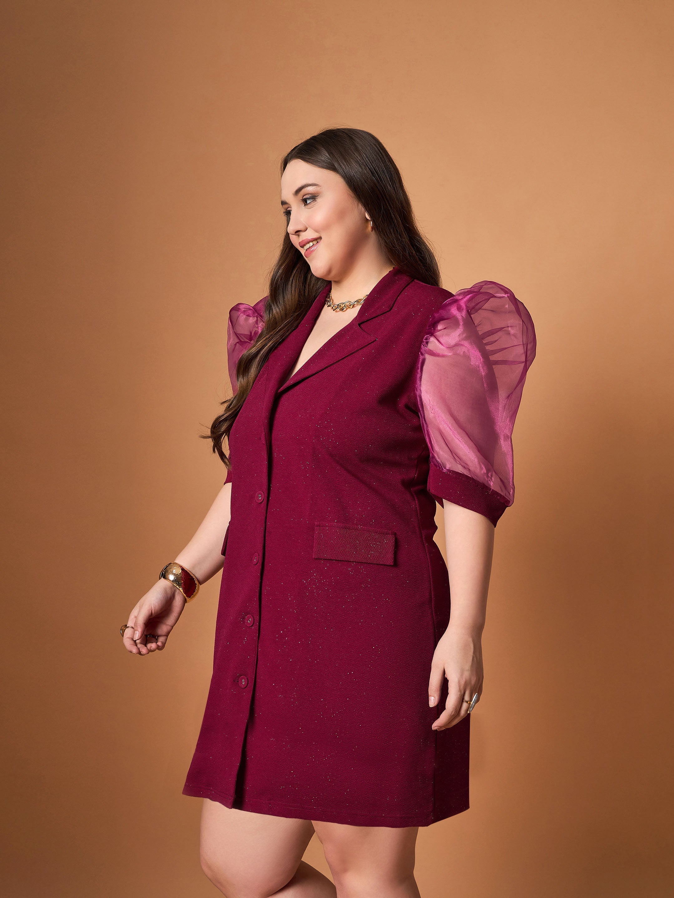 Women Maroon Glitter Organza Sleeves Blazer Dress