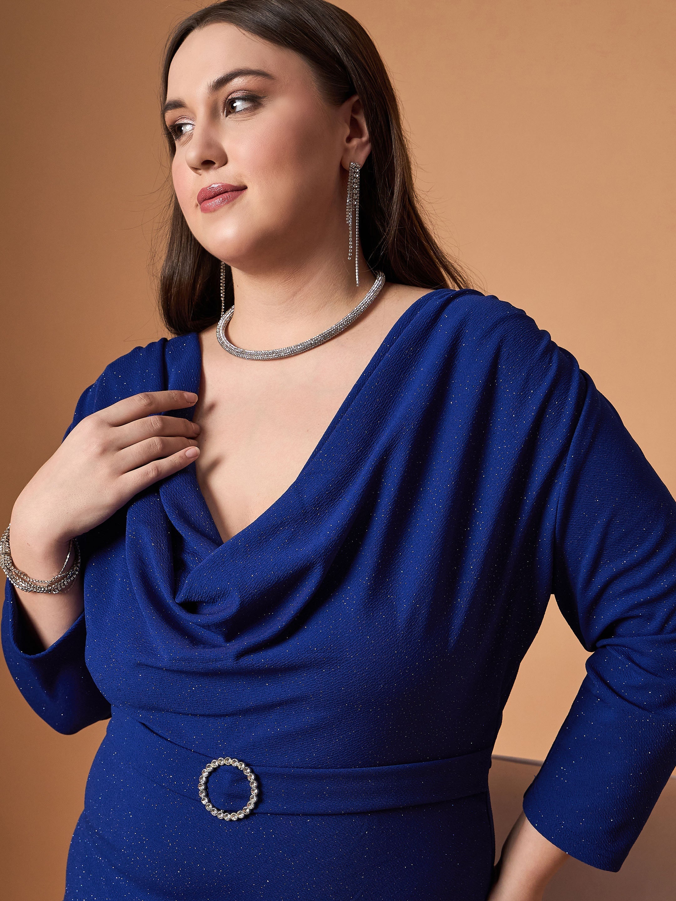 Women Royal Blue Glitter Shawl Neck Dress