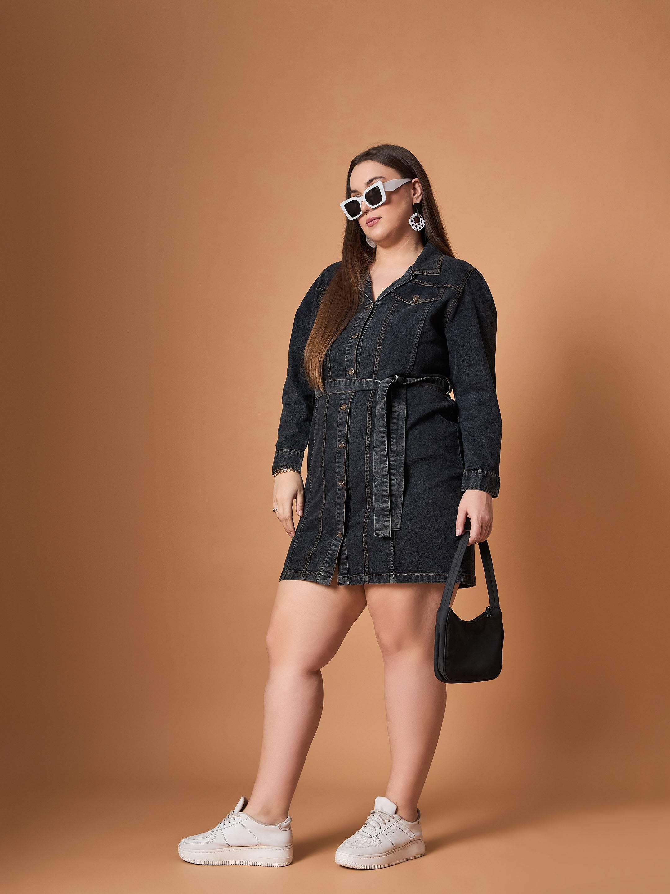 Women Black Blast Denim Front Button Shirt Dress