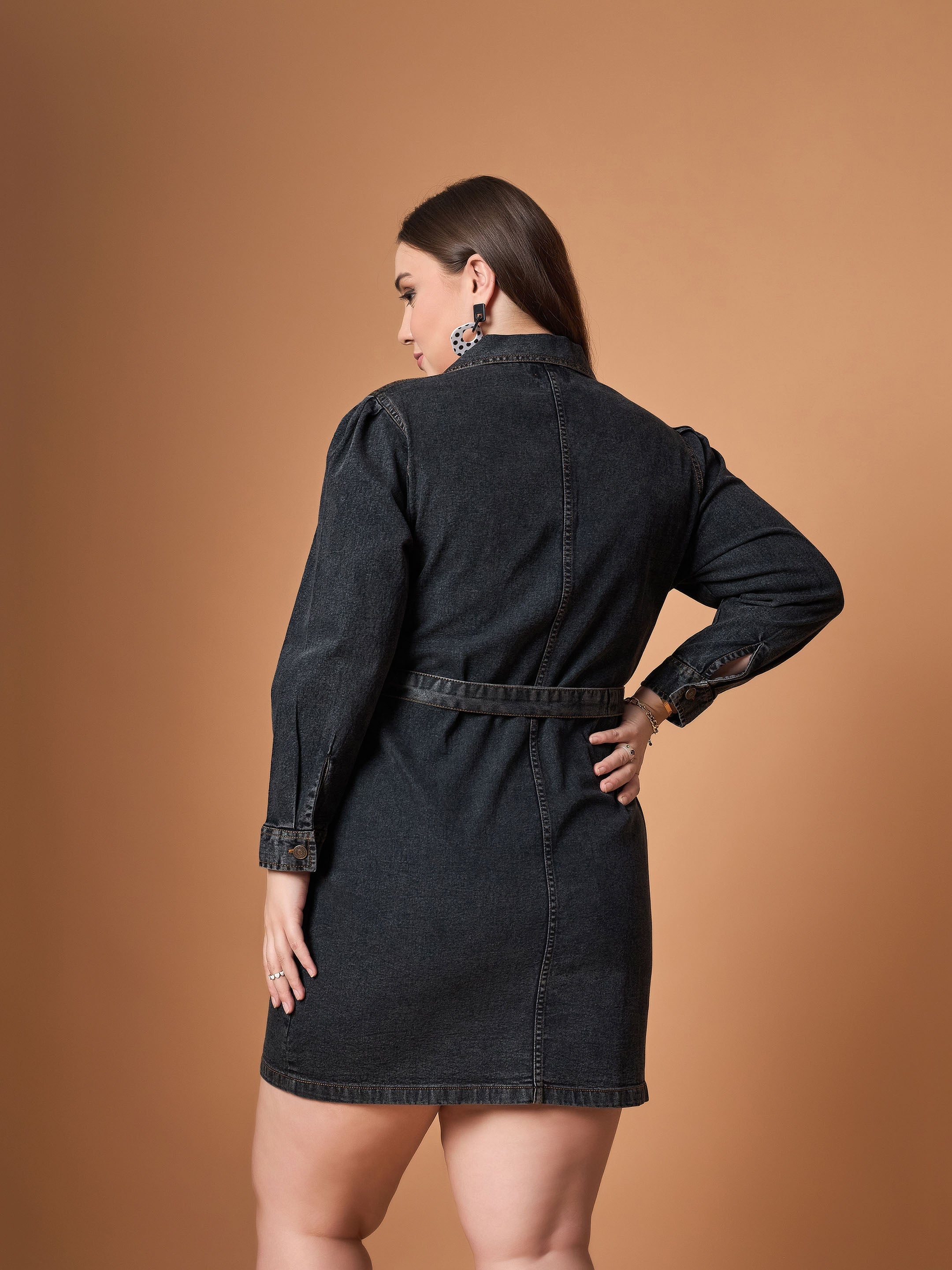 Women Black Blast Denim Front Button Shirt Dress