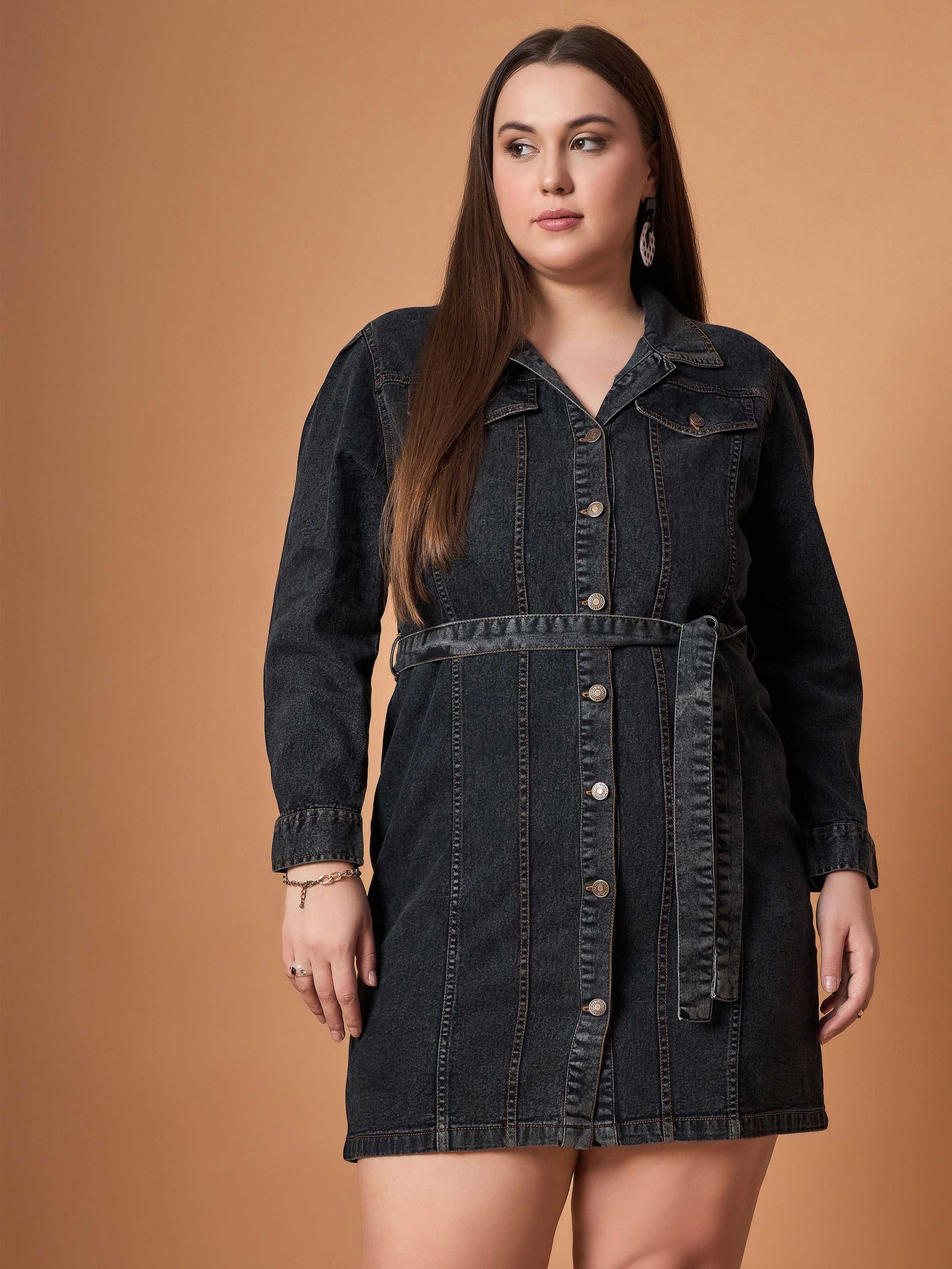 Women Black Blast Denim Front Button Shirt Dress