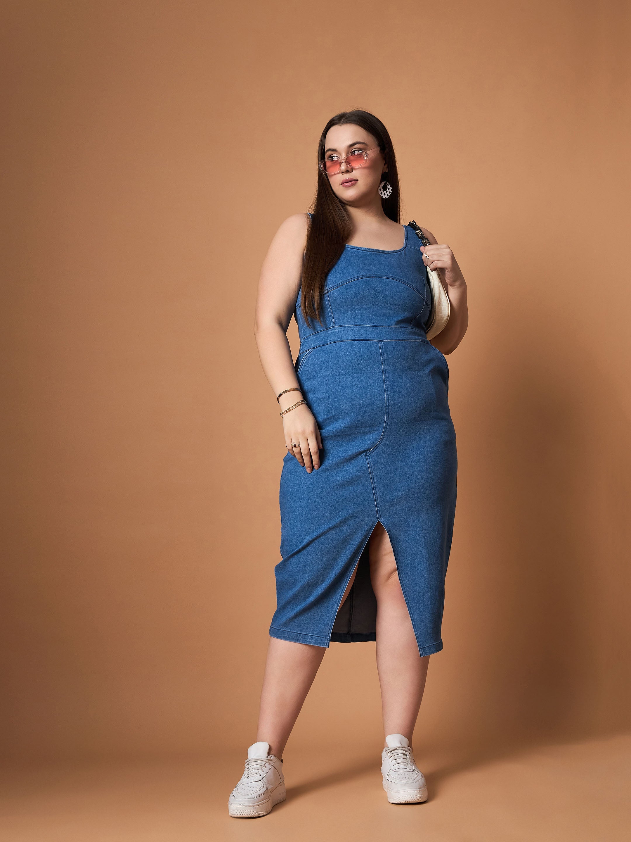 Women Blue Blast Denim Front Slit Midi Dress