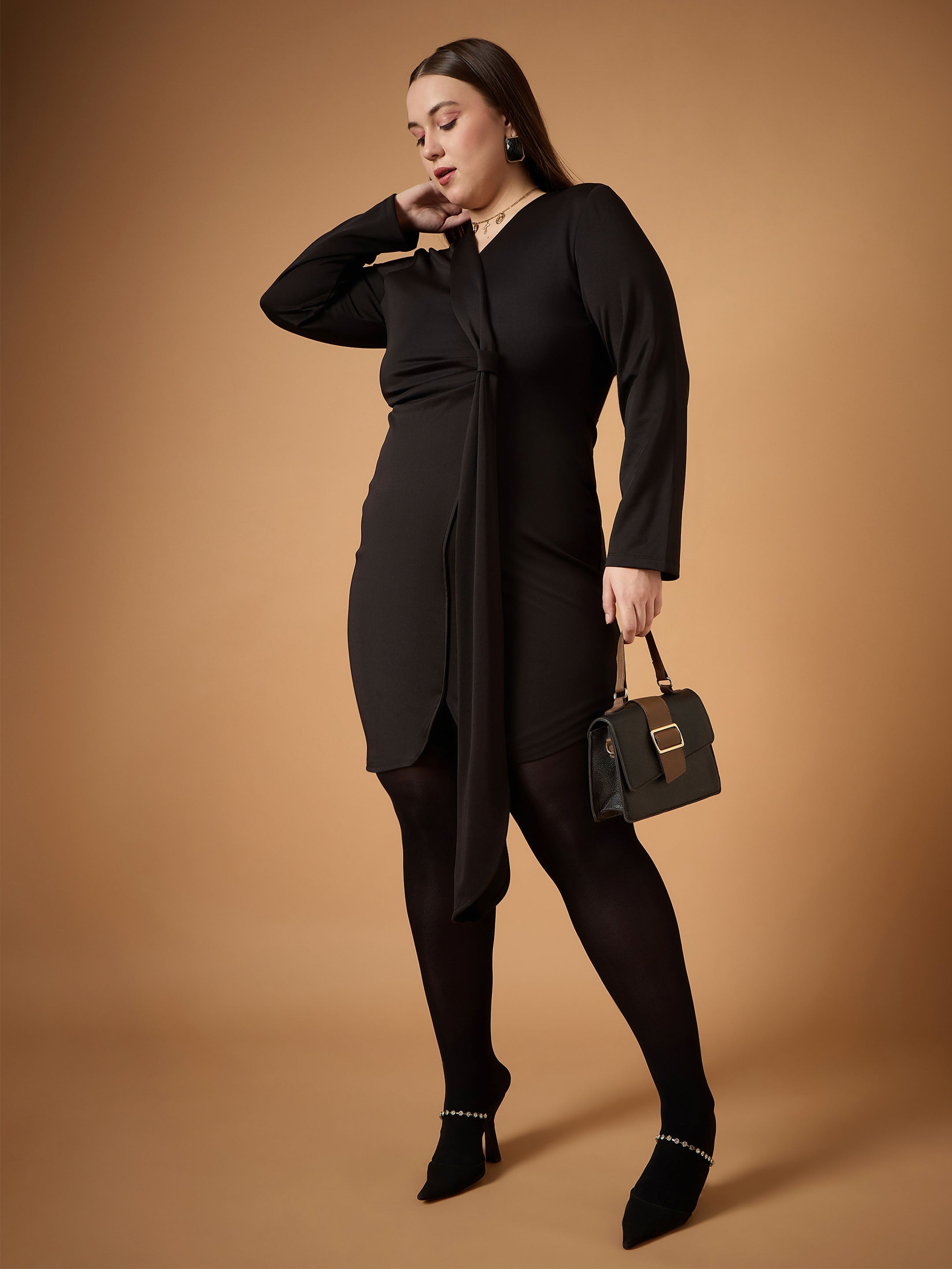 Women Black Front Knot Detail Short Dress