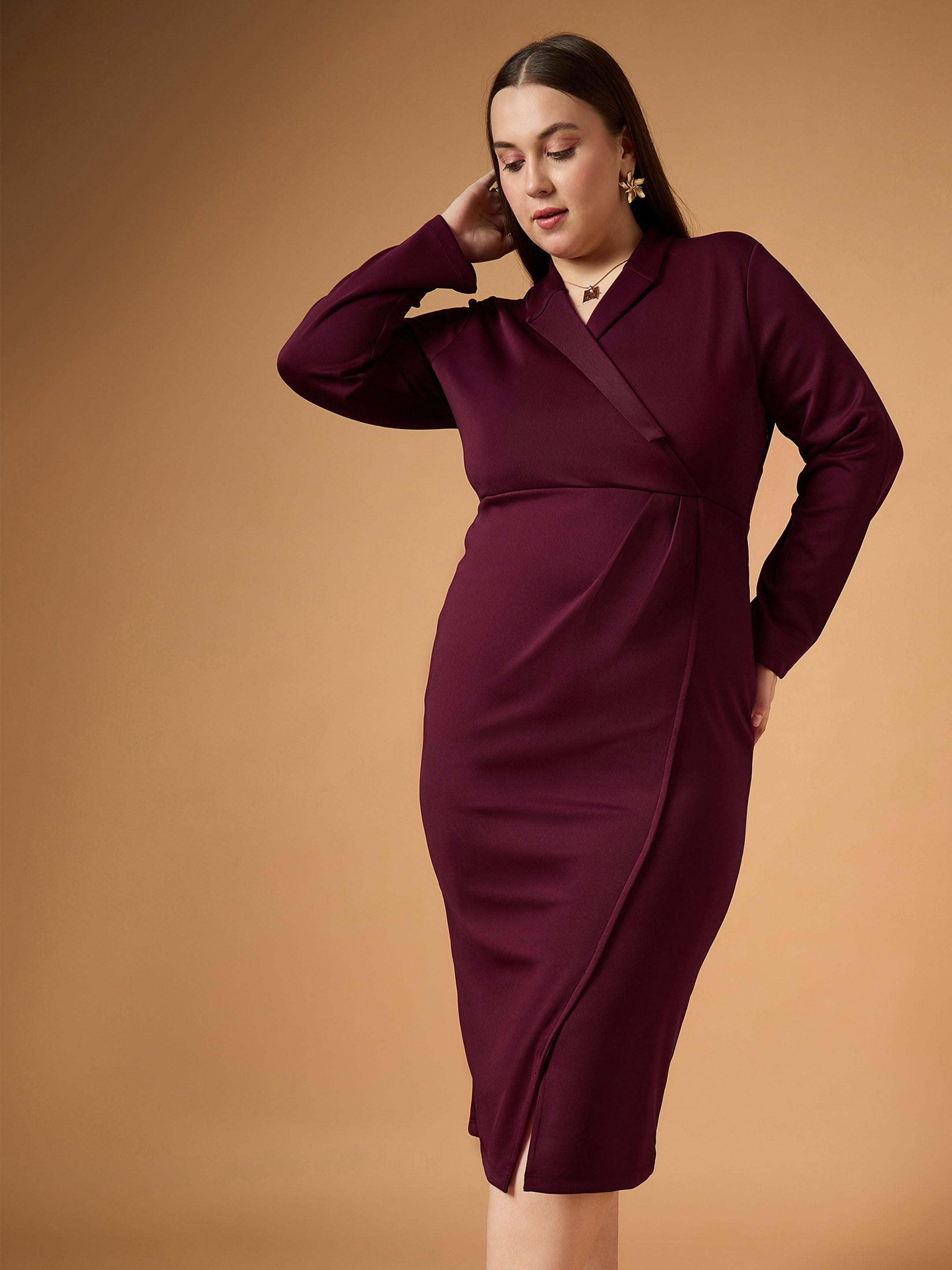 Women Burgundy Full Sleeves Midi Dress