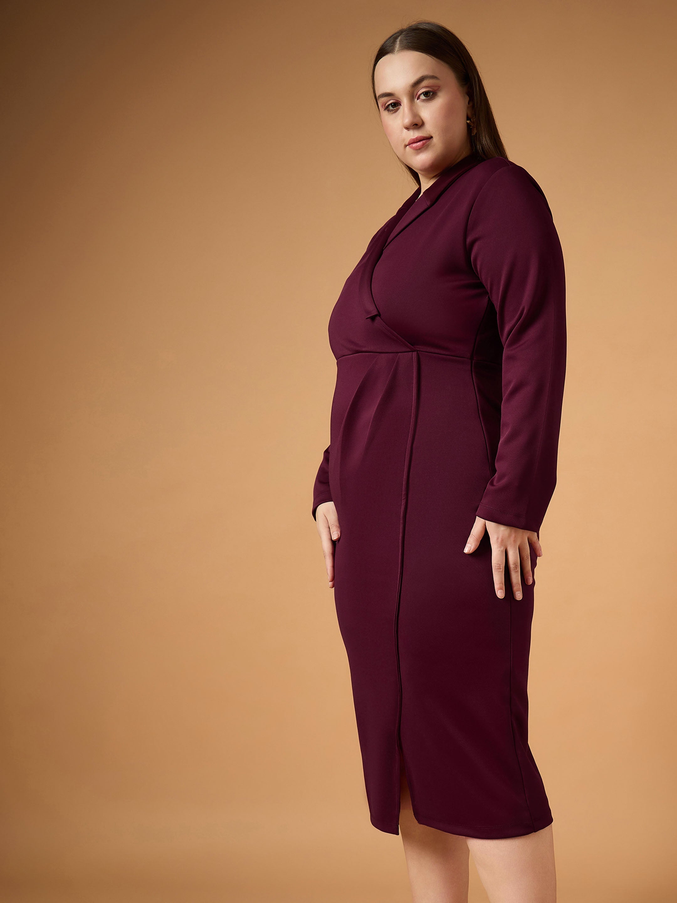 Women Burgundy Full Sleeves Midi Dress