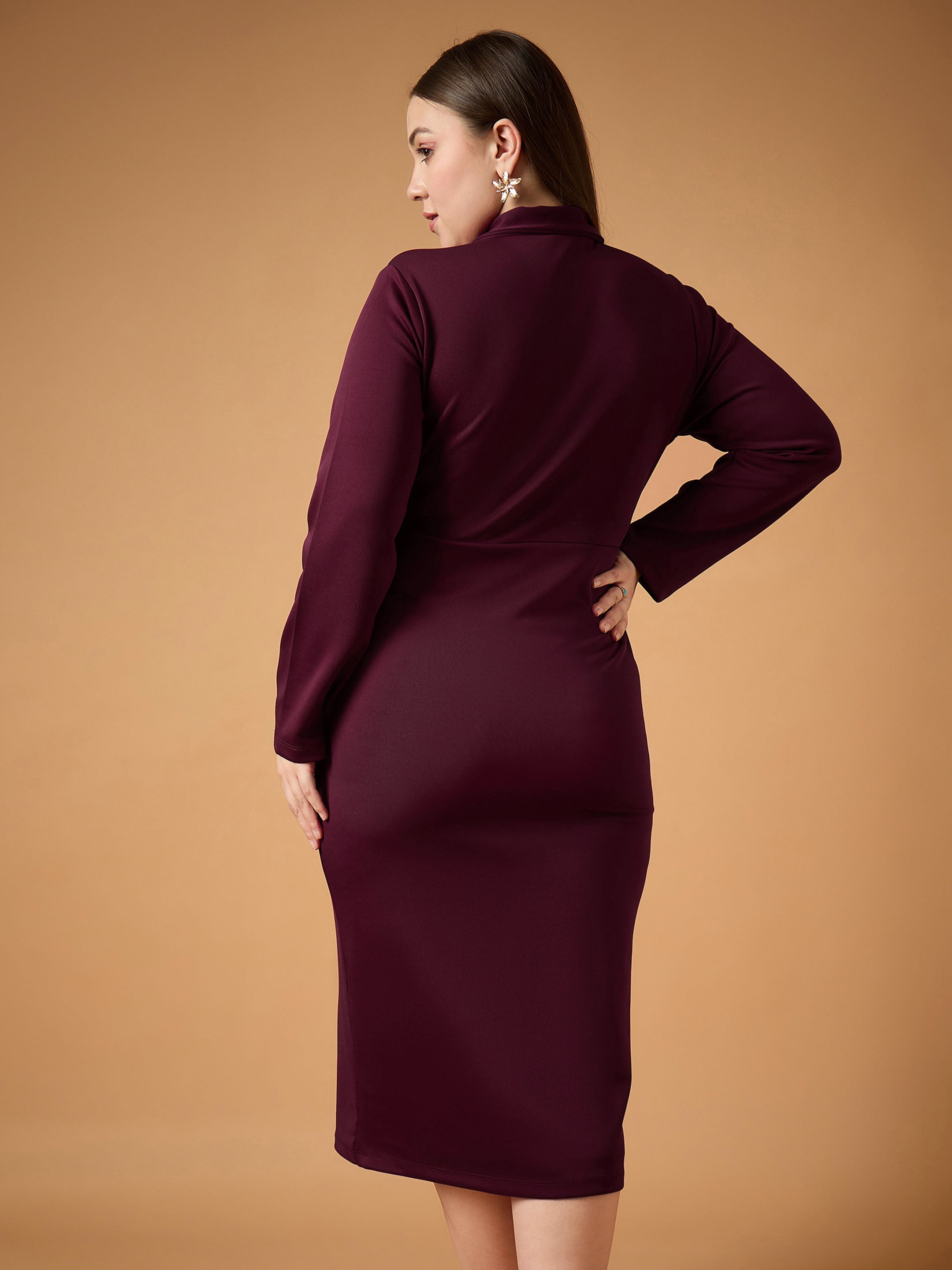 Women Burgundy Full Sleeves Midi Dress