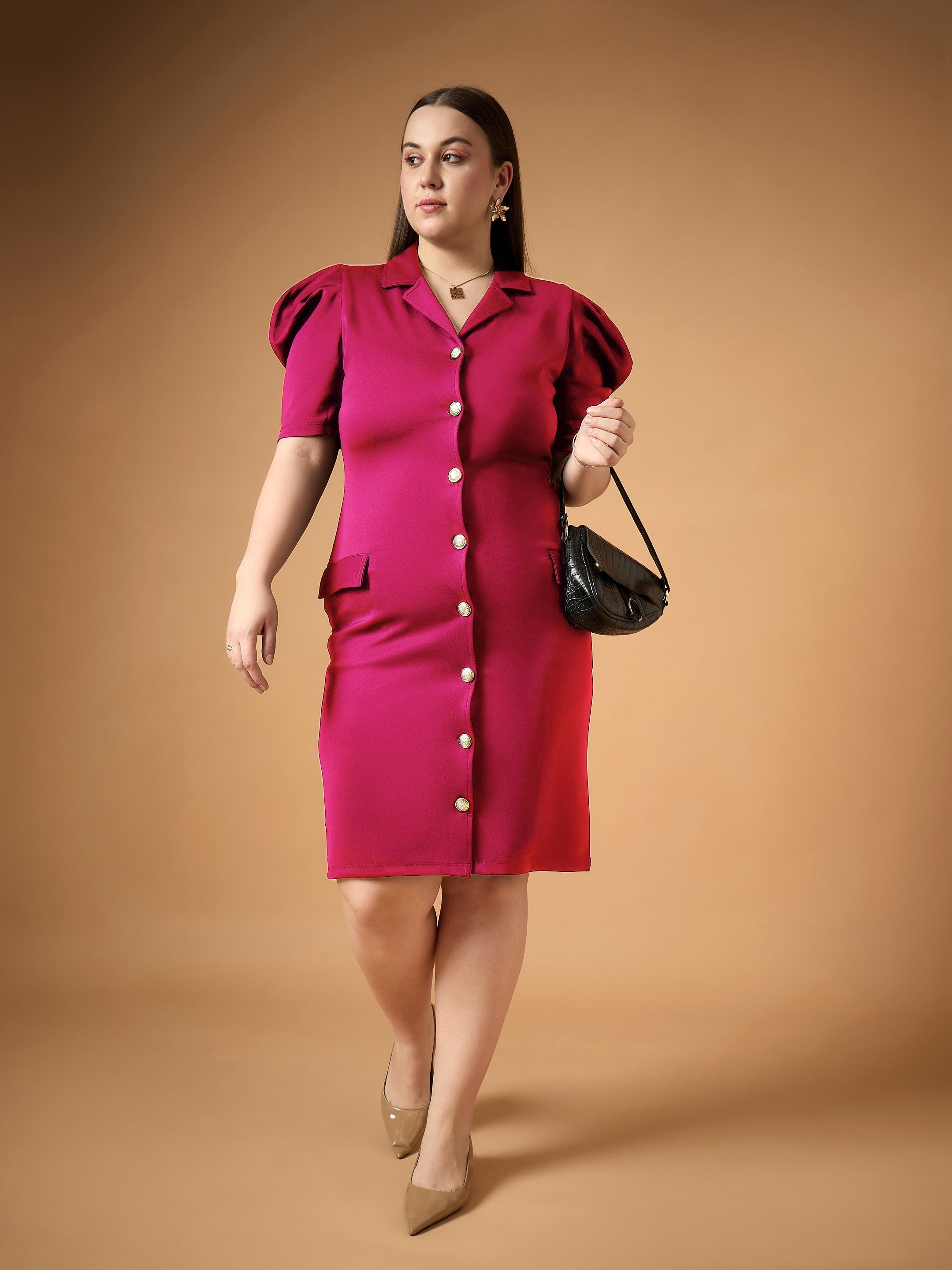 Women Fuchsia Front Button Midi Dress