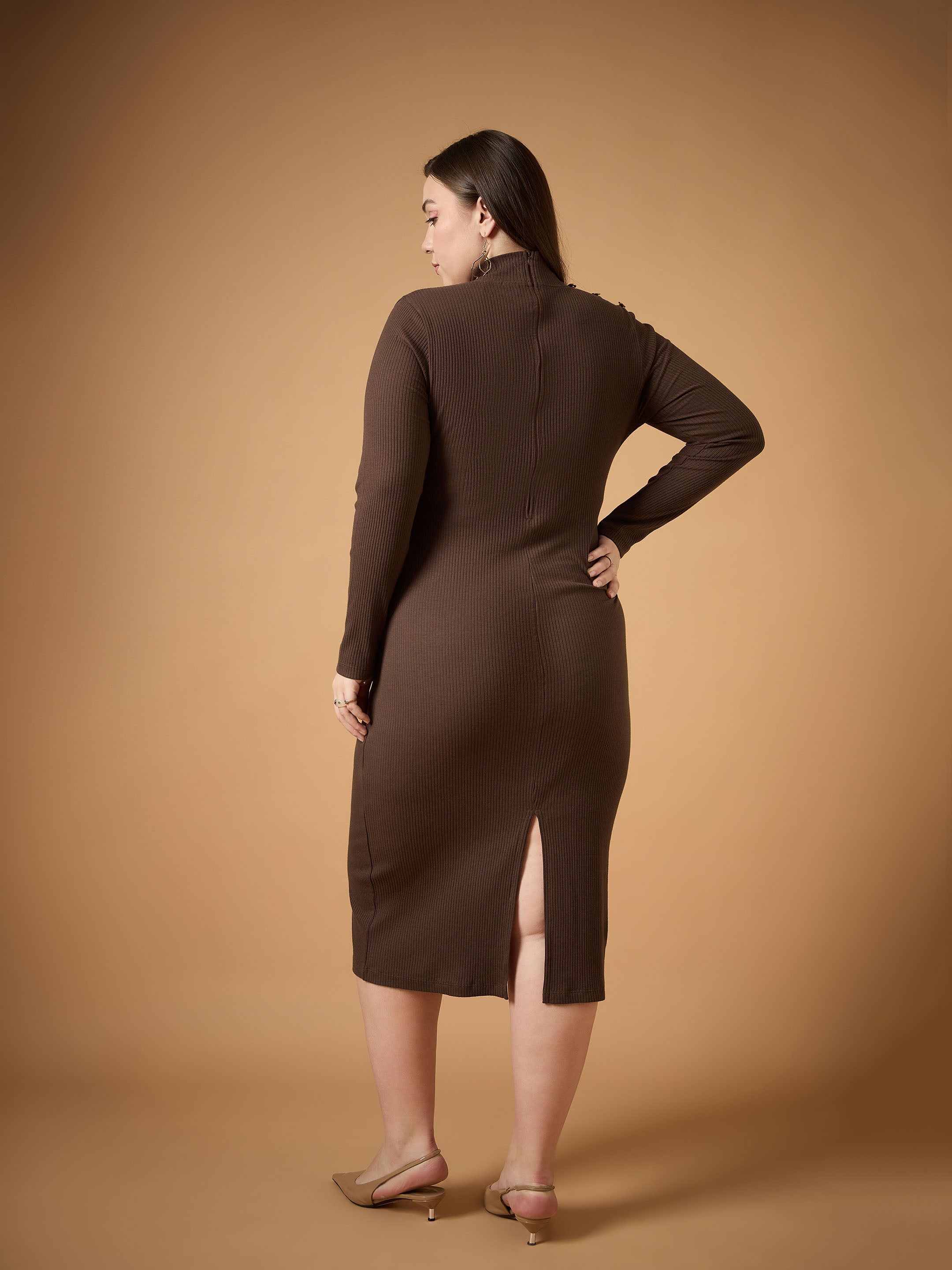 Women Brown Rib High Neck Midi Dress