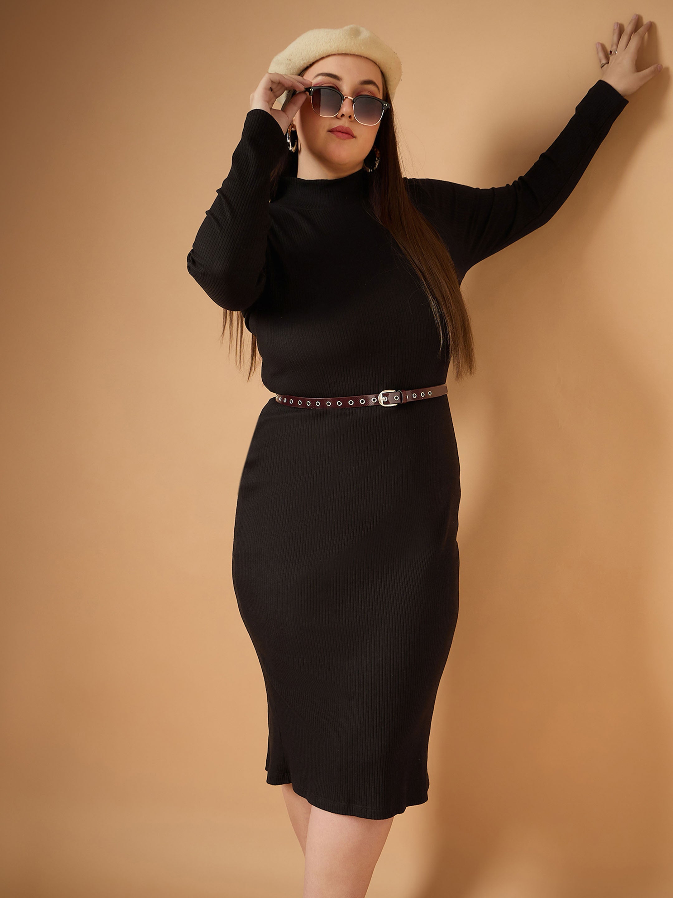 Women Black Rib High Neck Midi Dress