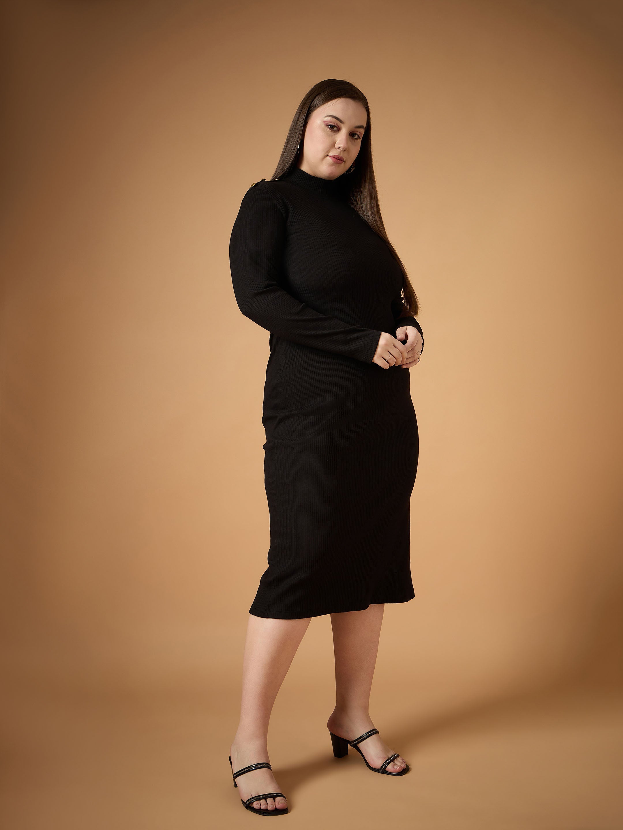 Women Black Rib High Neck Midi Dress