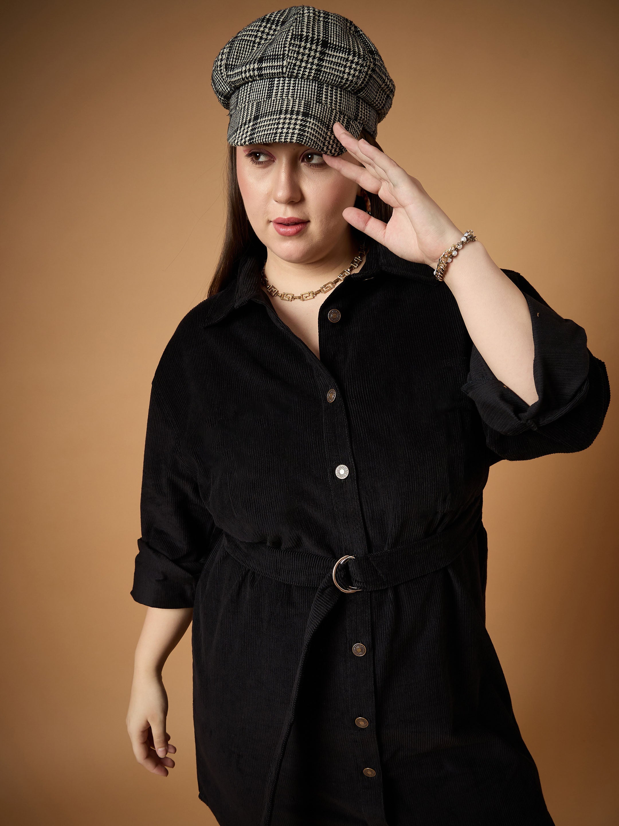 Women Black Corduroy Front Button Dress