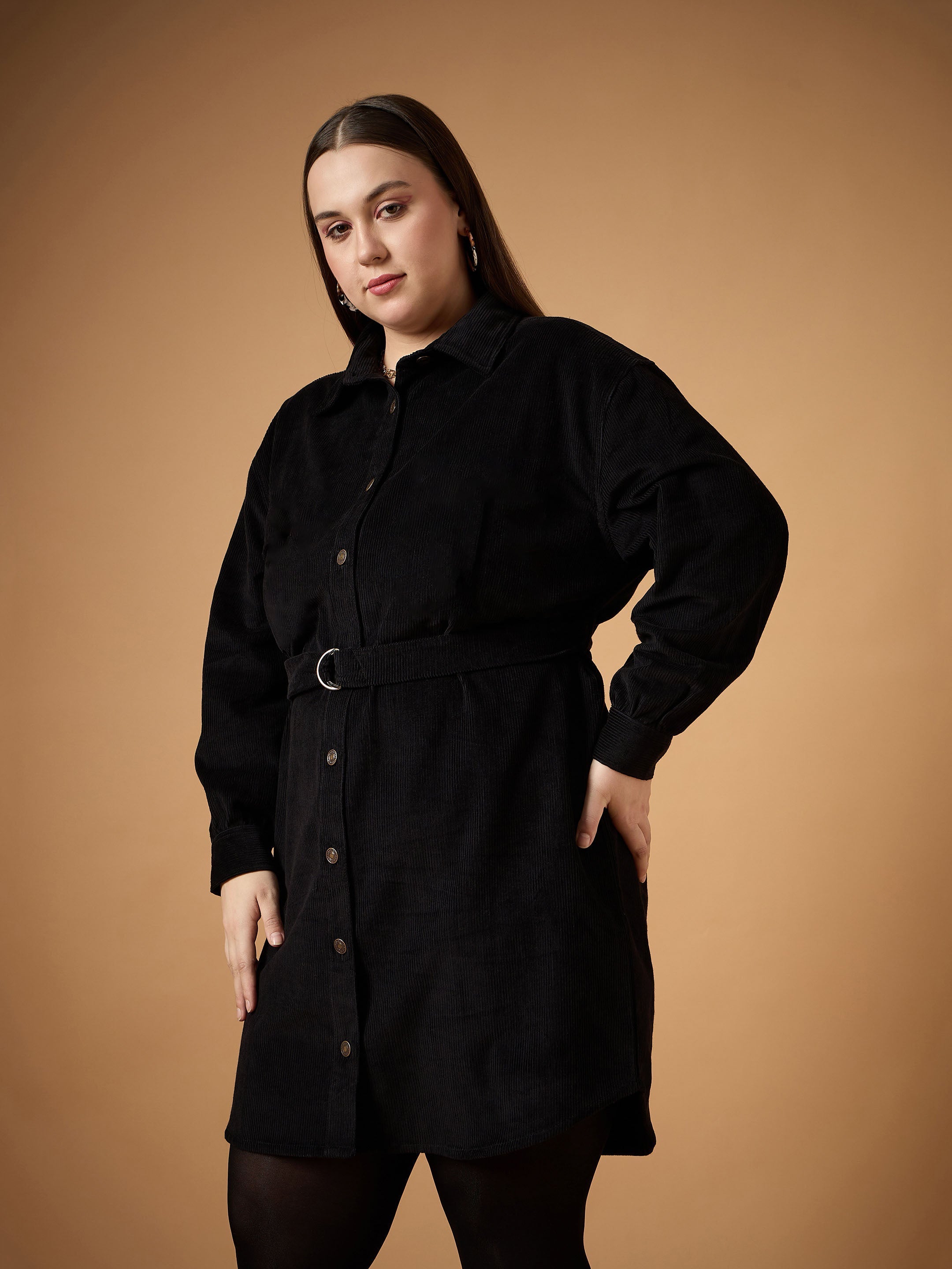 Women Black Corduroy Front Button Dress