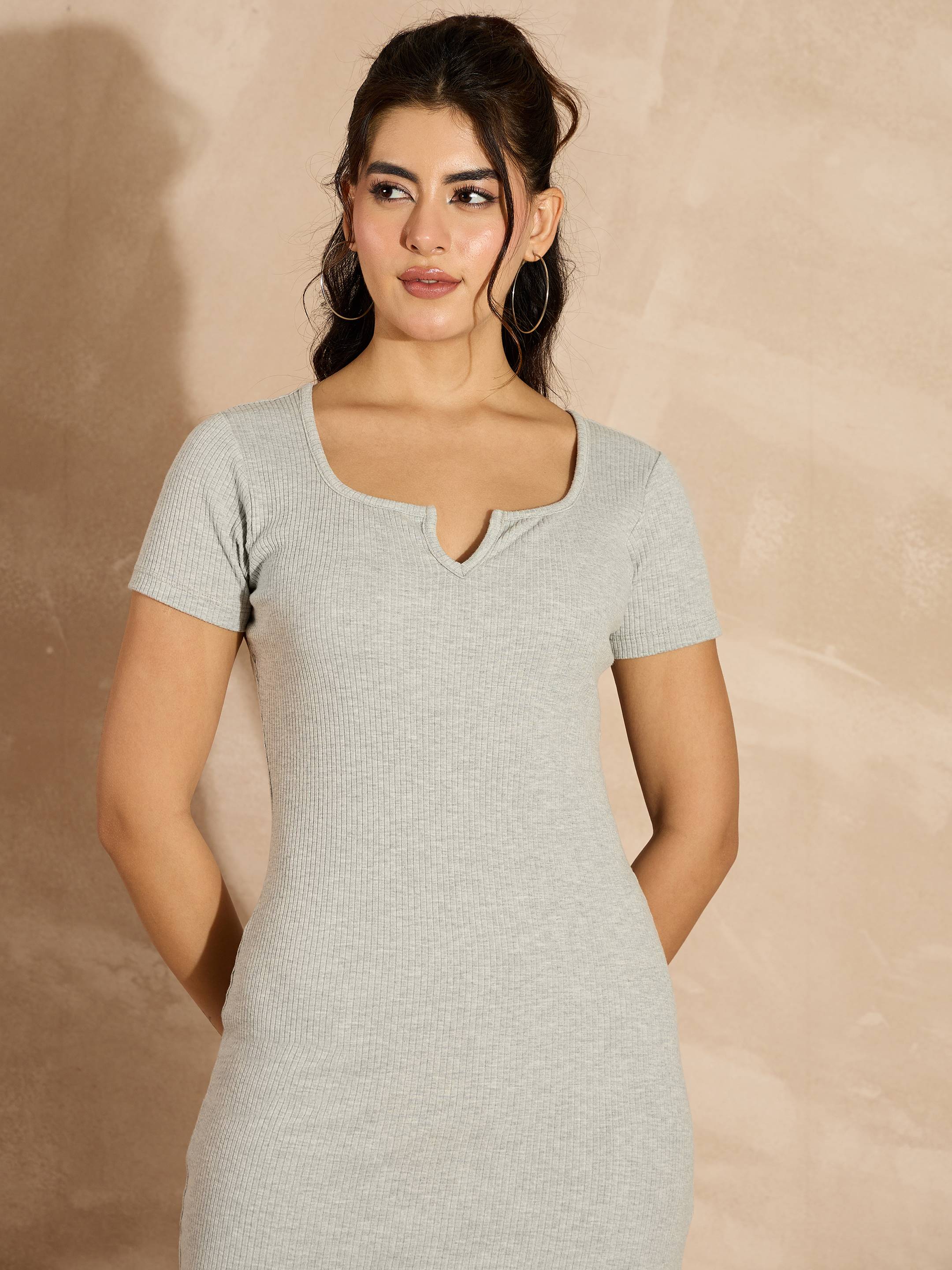 Women Grey Melange Rib V-Neck Midi Dress