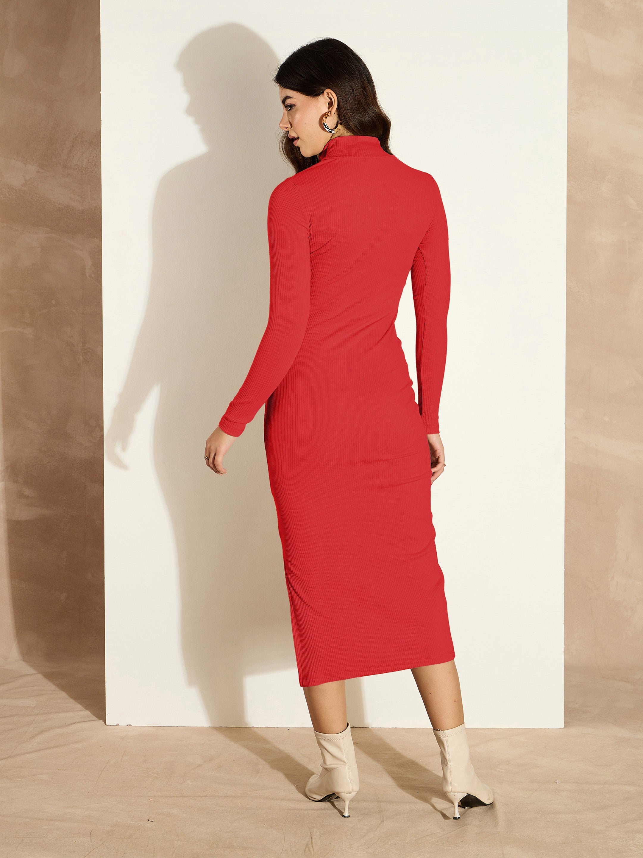 Women Red Rib High Neck Front Zipper Dress