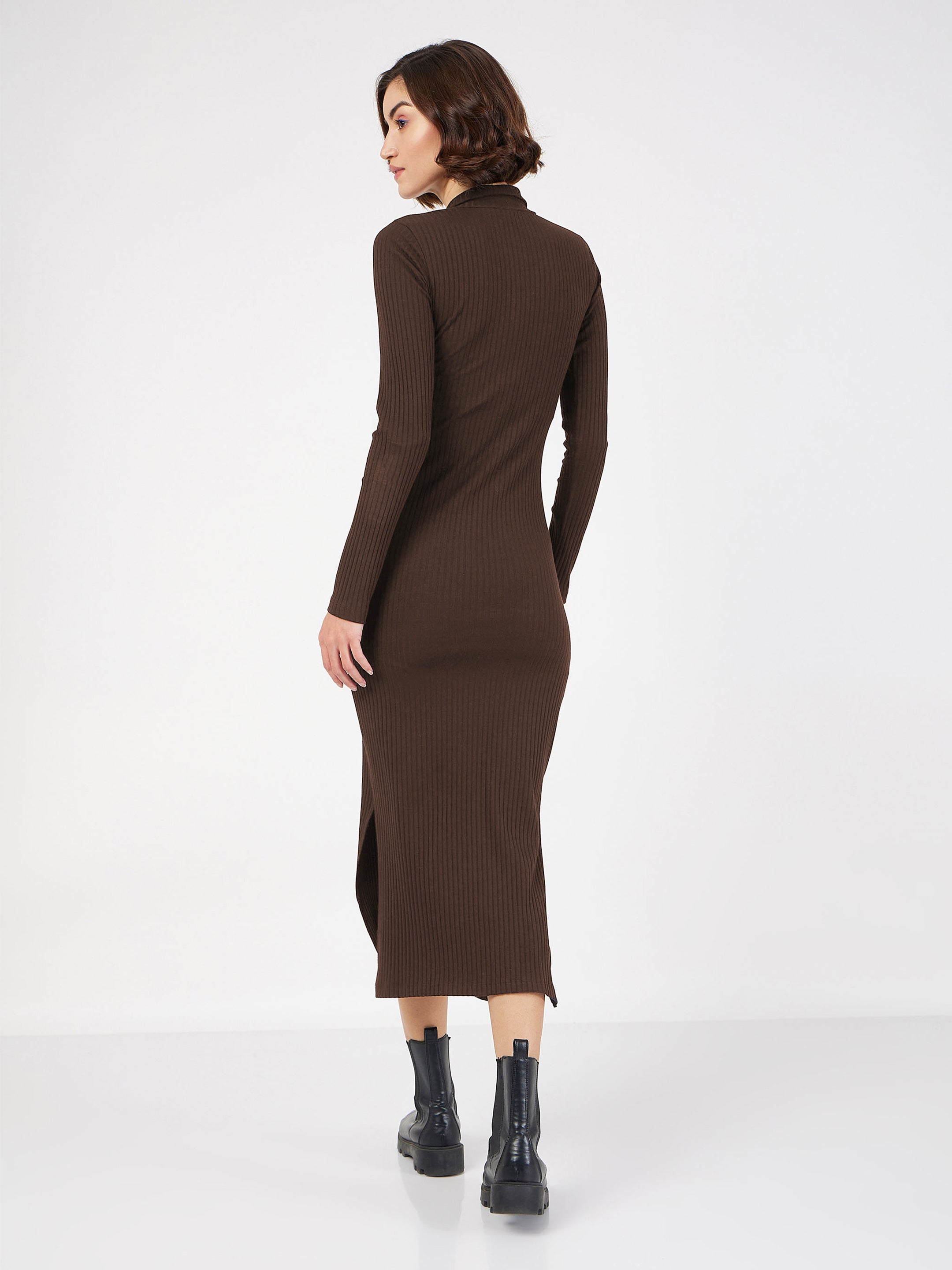 Women Dark Brown Rib High Neck Front Zipper Dress