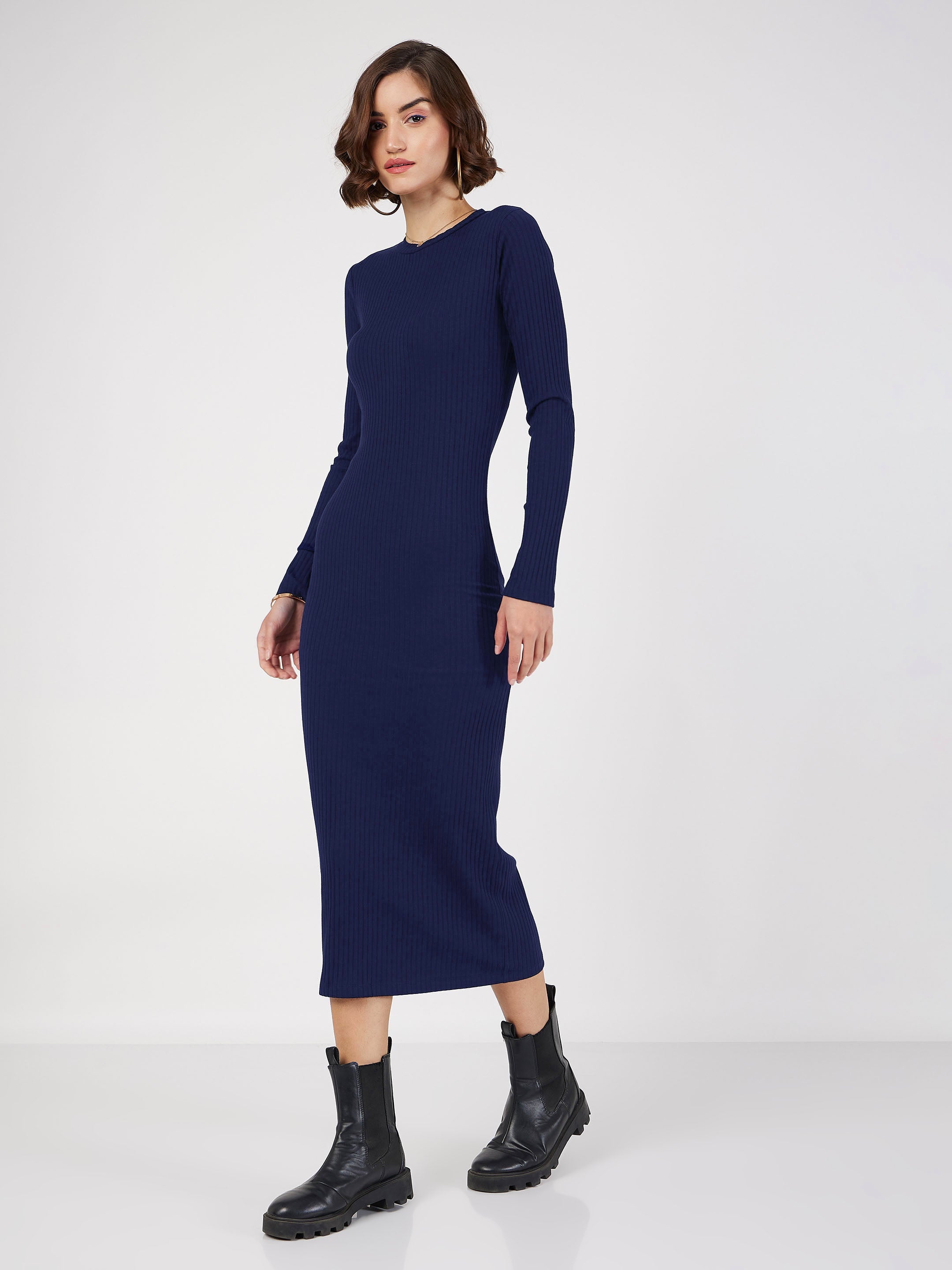 Women Navy Blue Rib Bodycon Full Sleeves Midi Dress