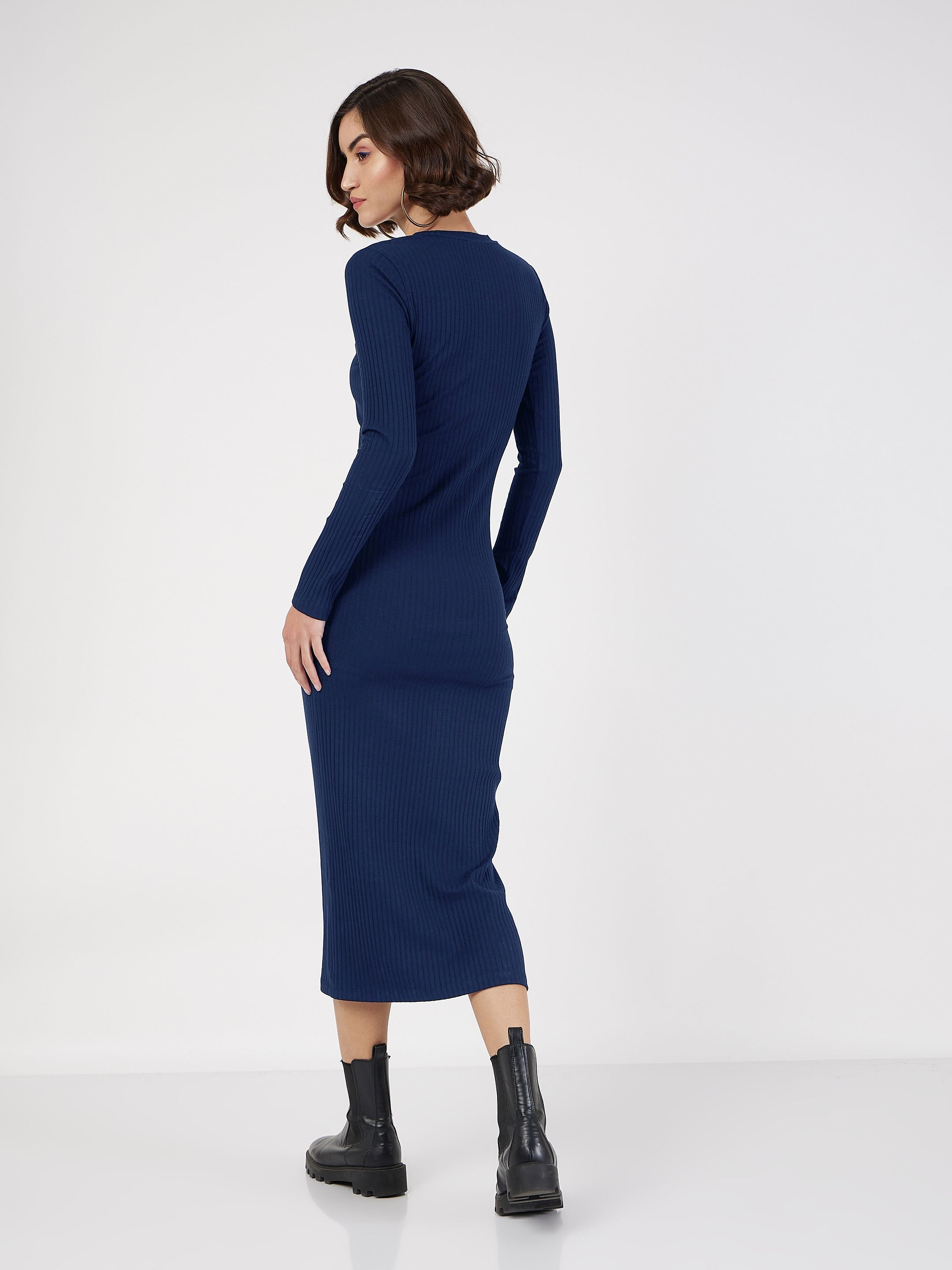 Women Navy Blue Rib Bodycon Full Sleeves Midi Dress