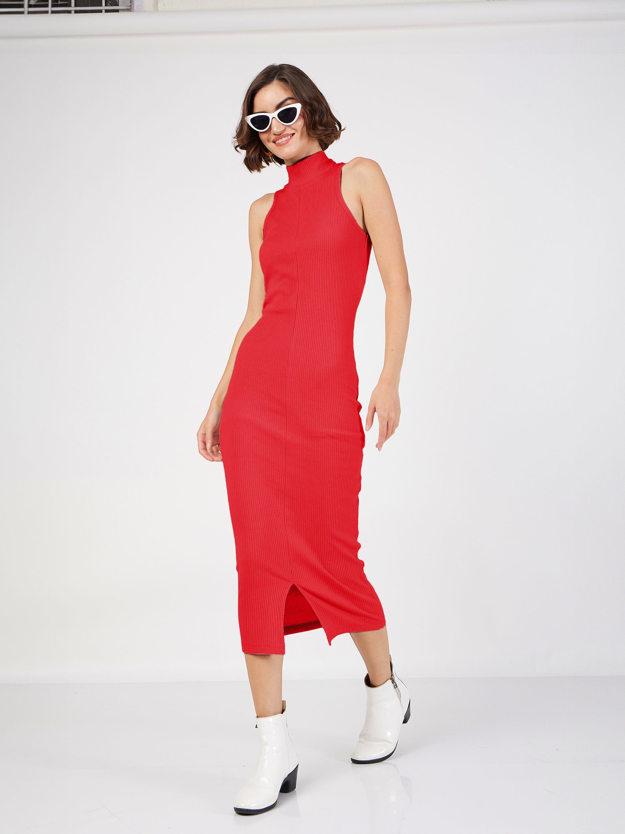 Women Red Rib Turtle Neck Sleeveless Midi Dress