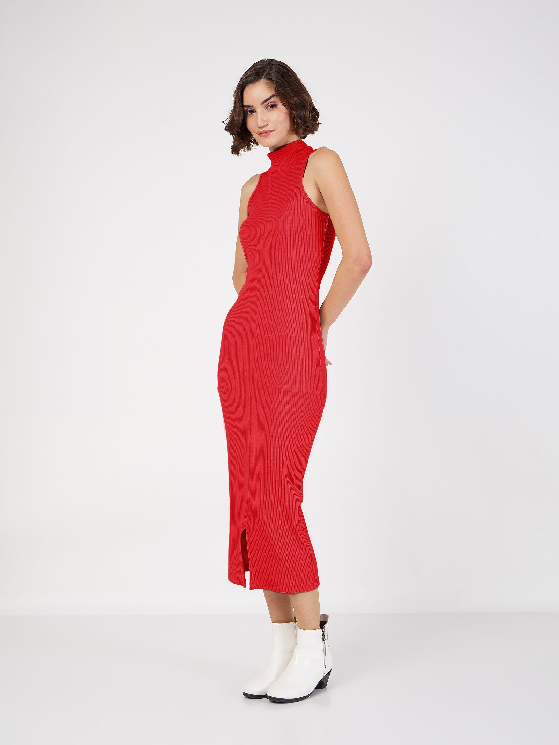 Women Red Rib Turtle Neck Sleeveless Midi Dress