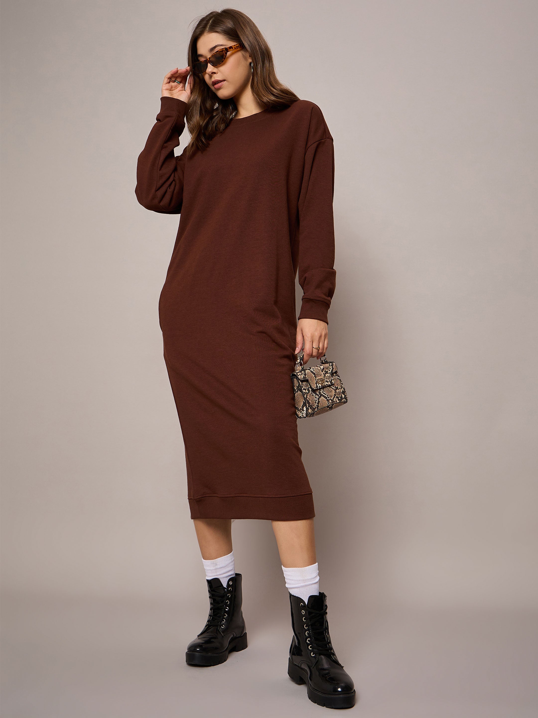 Women Brown Terry Oversized Midi Sweat Dress