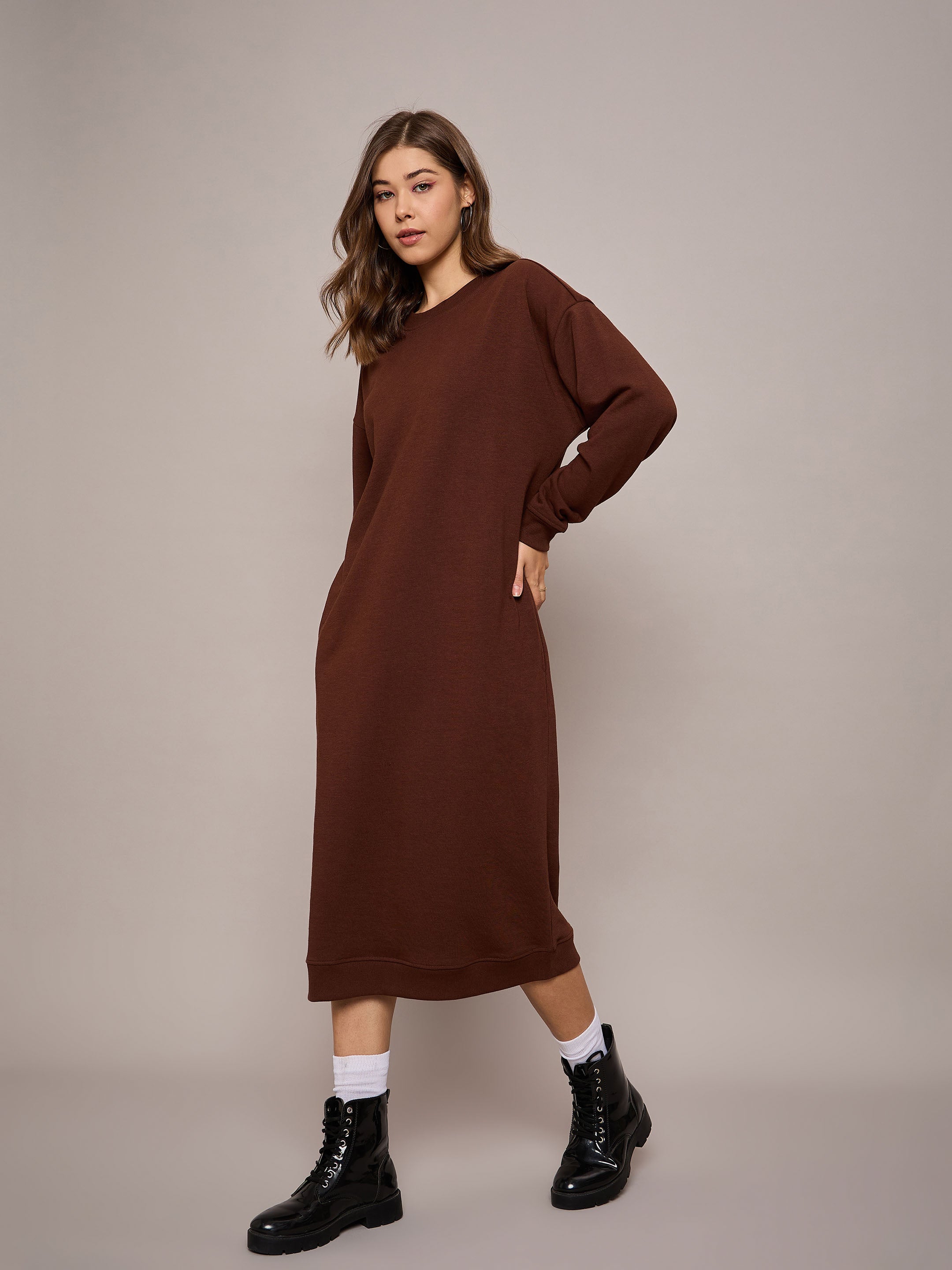 Women Brown Terry Oversized Midi Sweat Dress