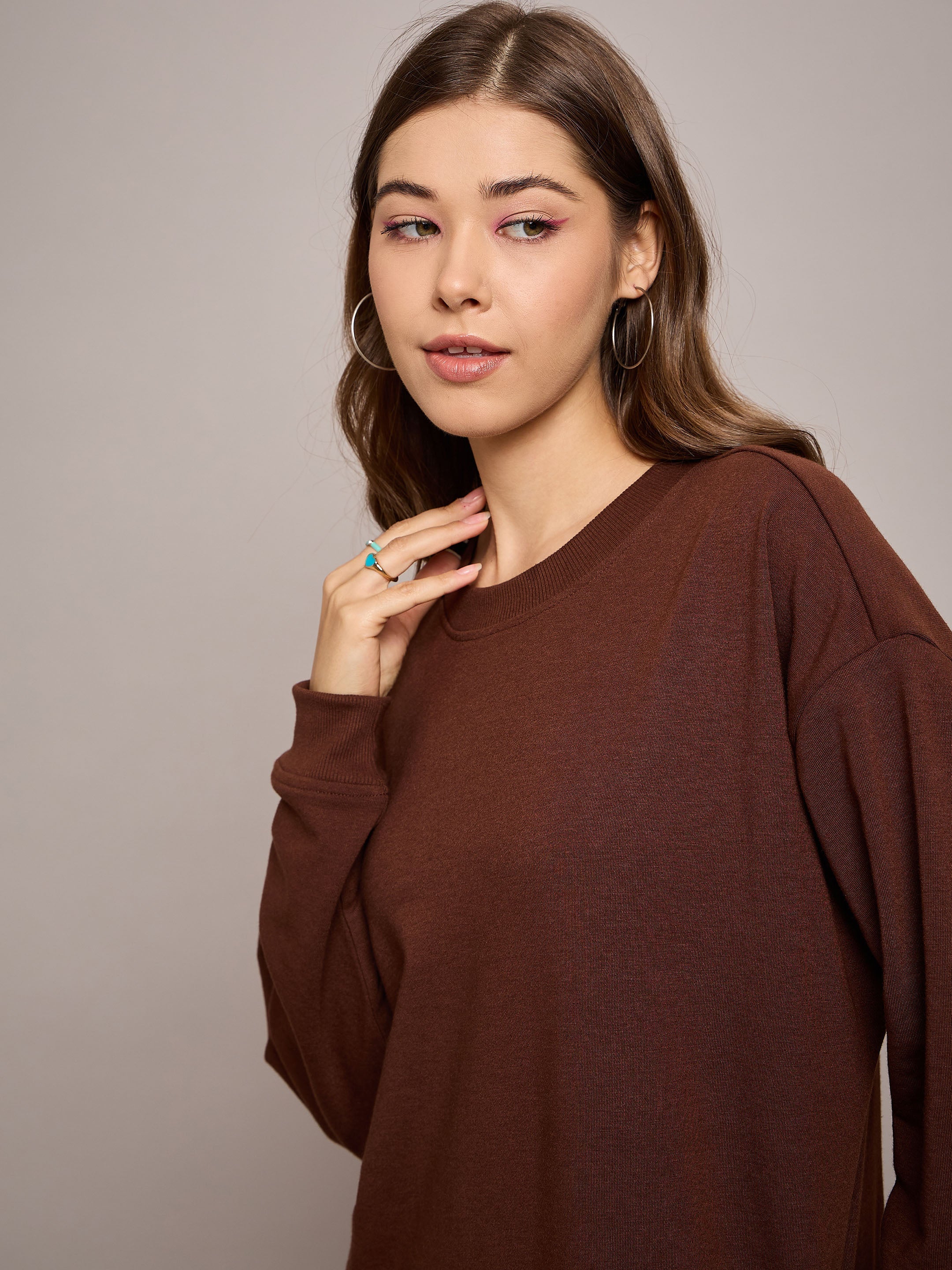 Women Brown Terry Oversized Midi Sweat Dress